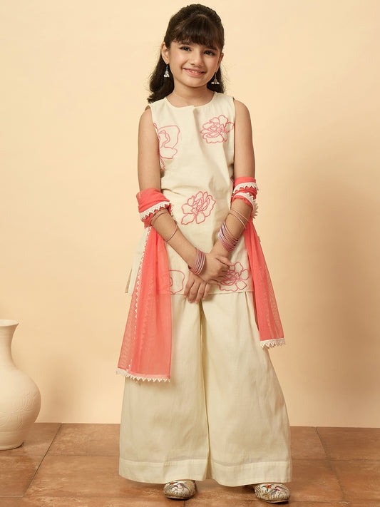 Girls Above Knee Embroidery Kurti Set - Off-White