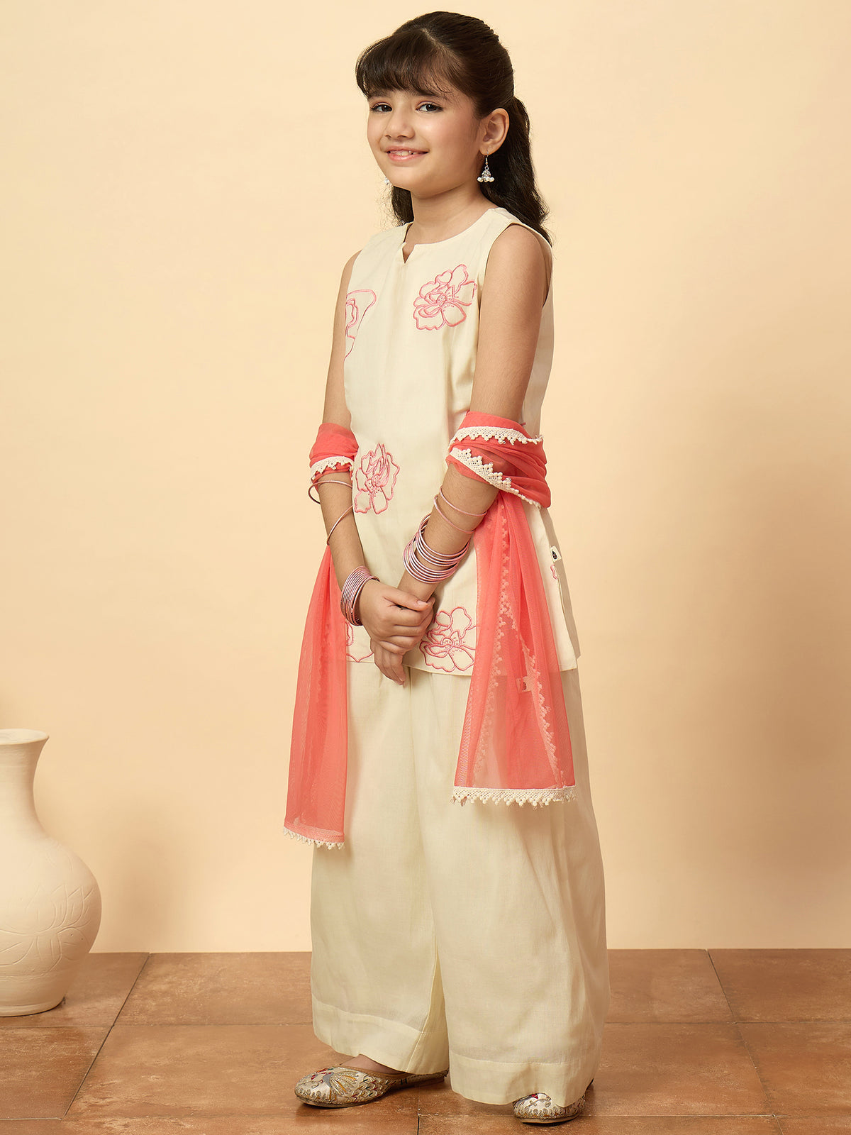 Girls Above Knee Embroidery Kurti Set - Off-White