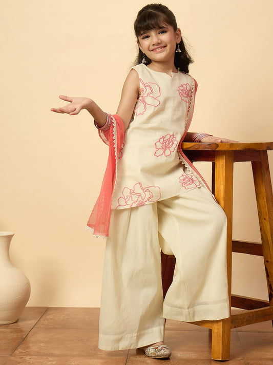 Girls Above Knee Embroidery Kurti Set - Off-White