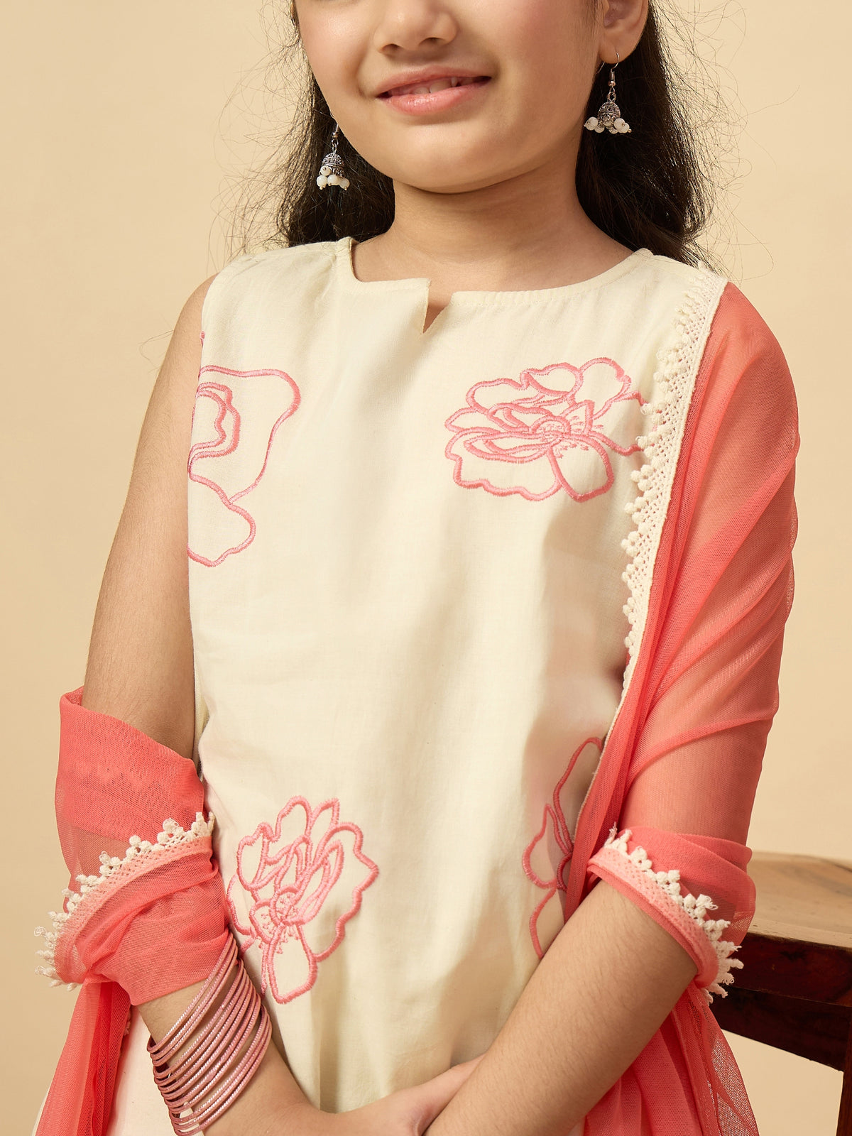 Girls Above Knee Embroidery Kurti Set - Off-White