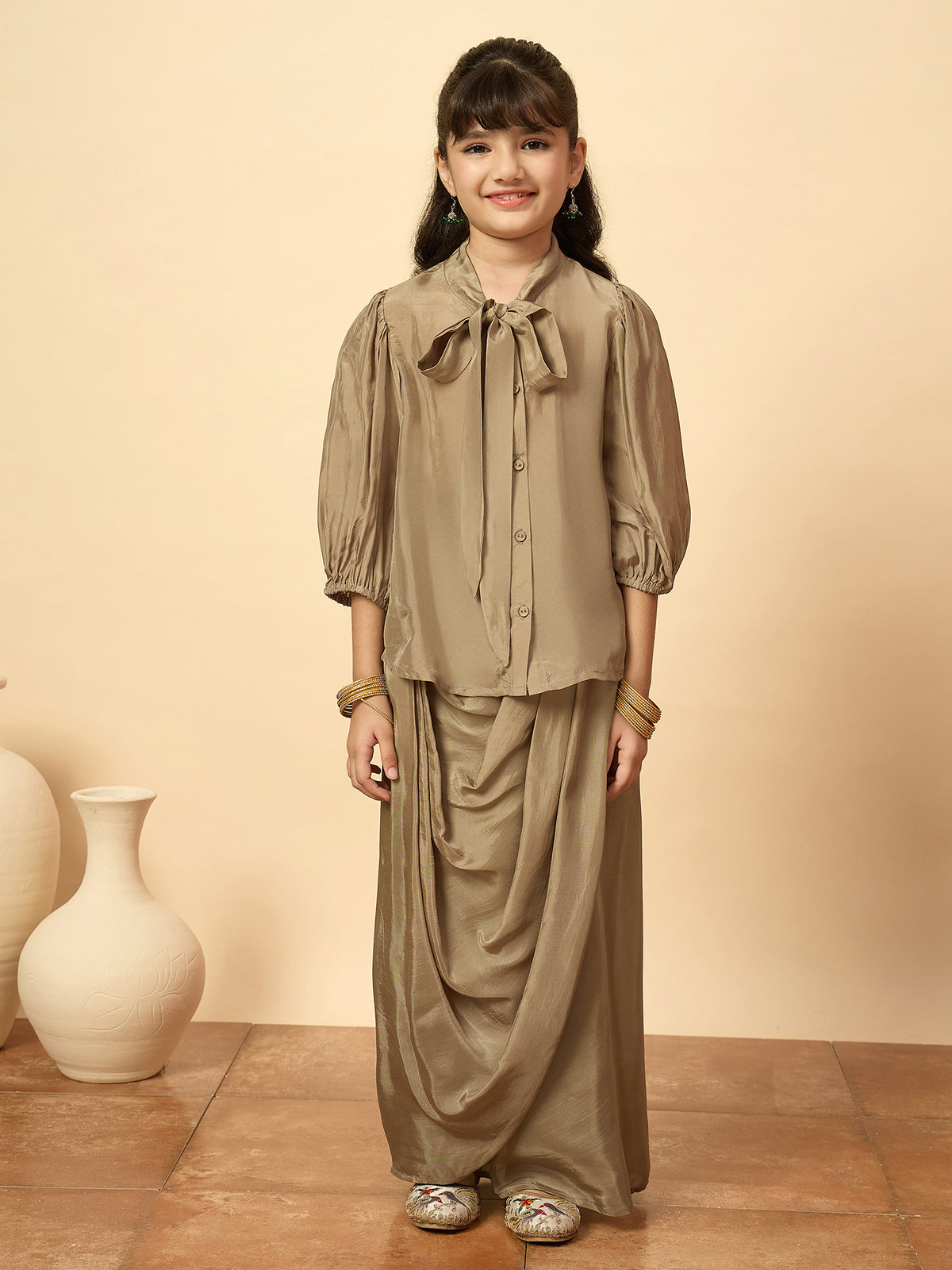 Girls Embroidery Top with Saree - Grey