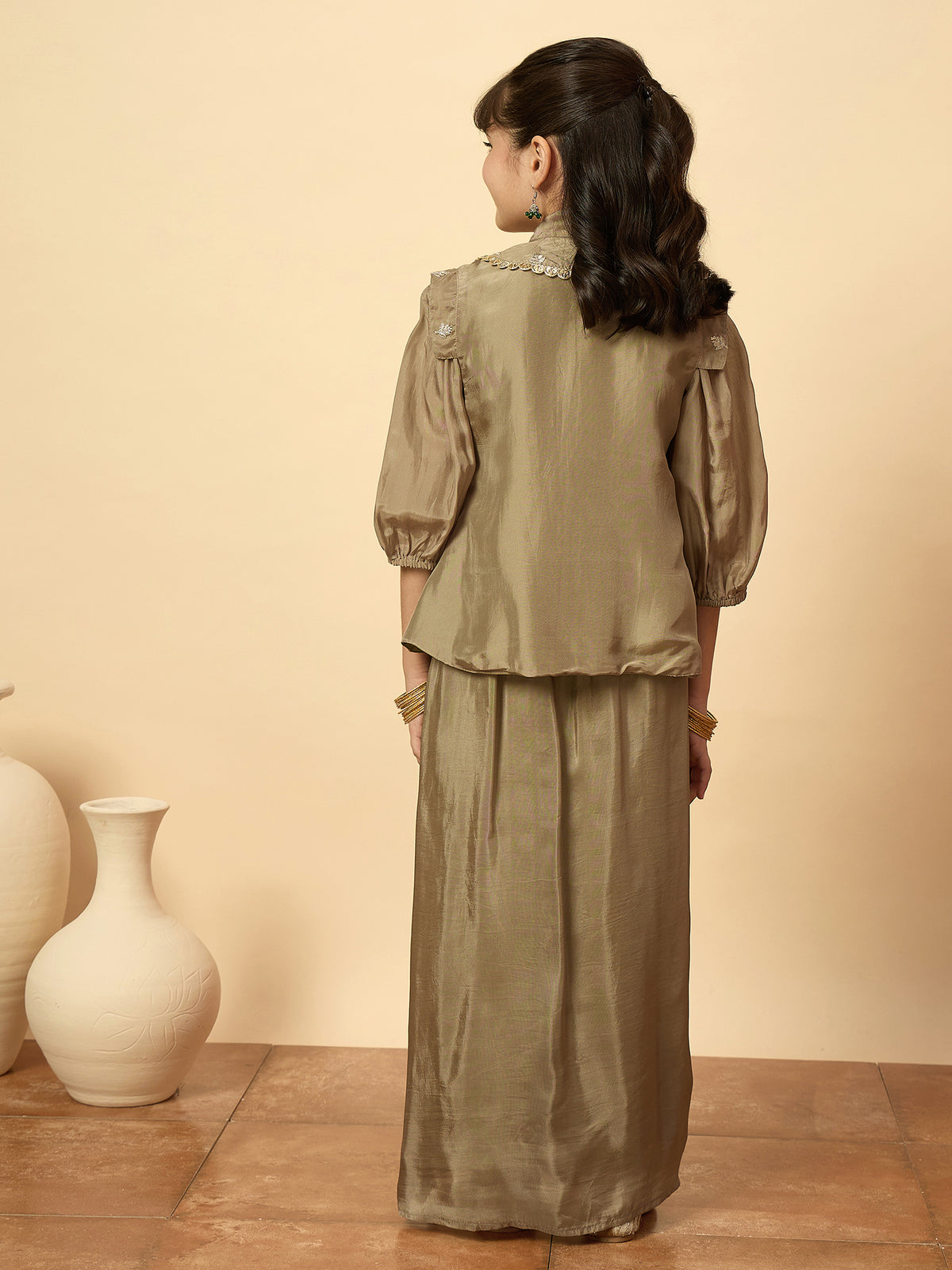 Girls Embroidery Top with Saree - Grey