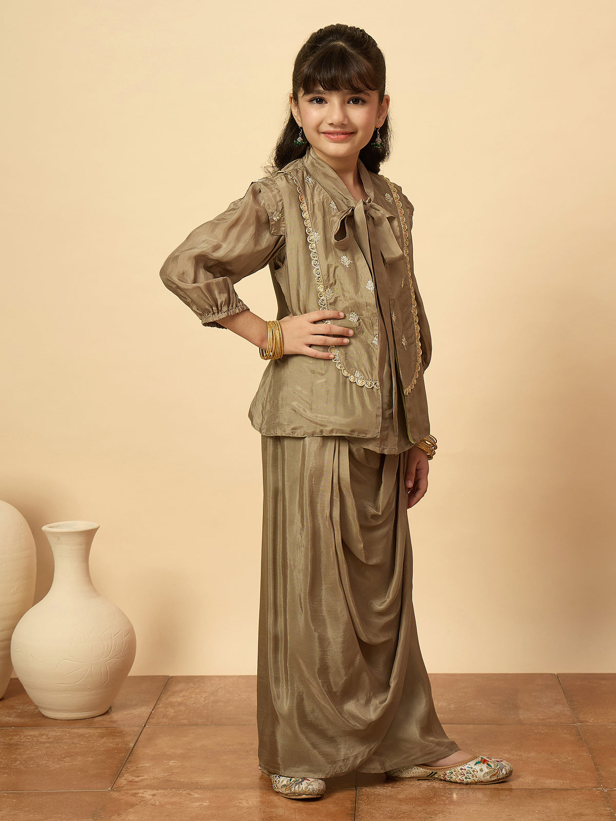 Girls Embroidery Top with Saree - Grey