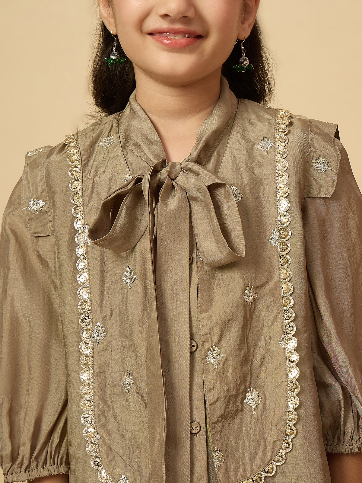 Girls Embroidery Top with Saree - Grey