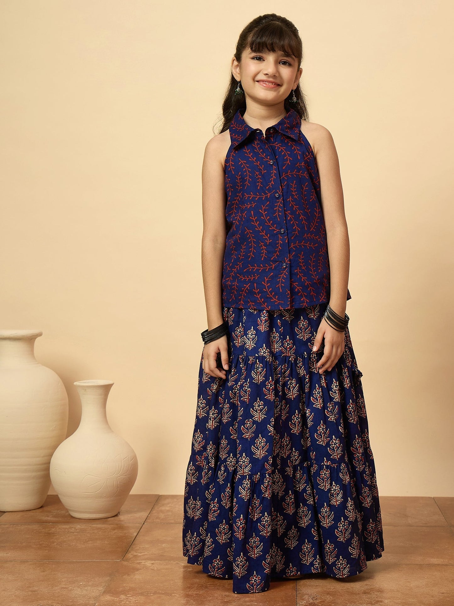 Girls Hip Length All over Print Lehenga Choli - Navy Blue