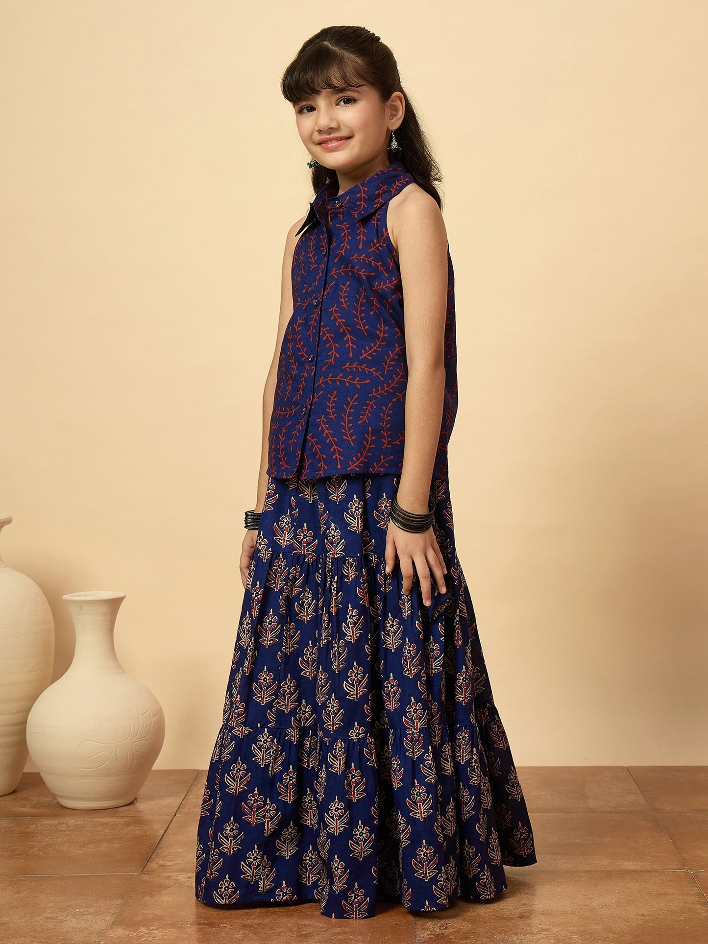 Girls Hip Length All over Print Lehenga Choli - Navy Blue