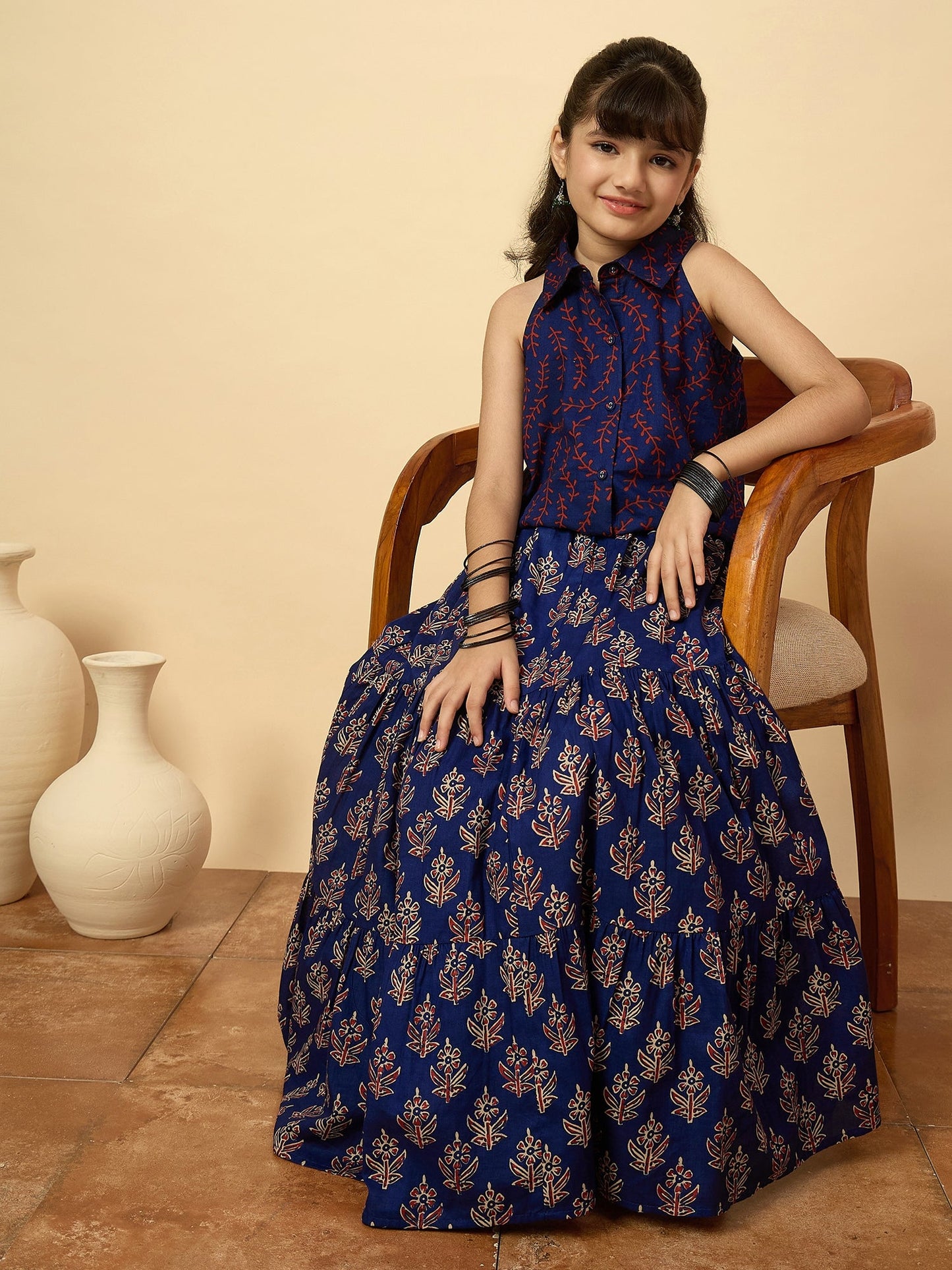 Girls Hip Length All over Print Lehenga Choli - Navy Blue