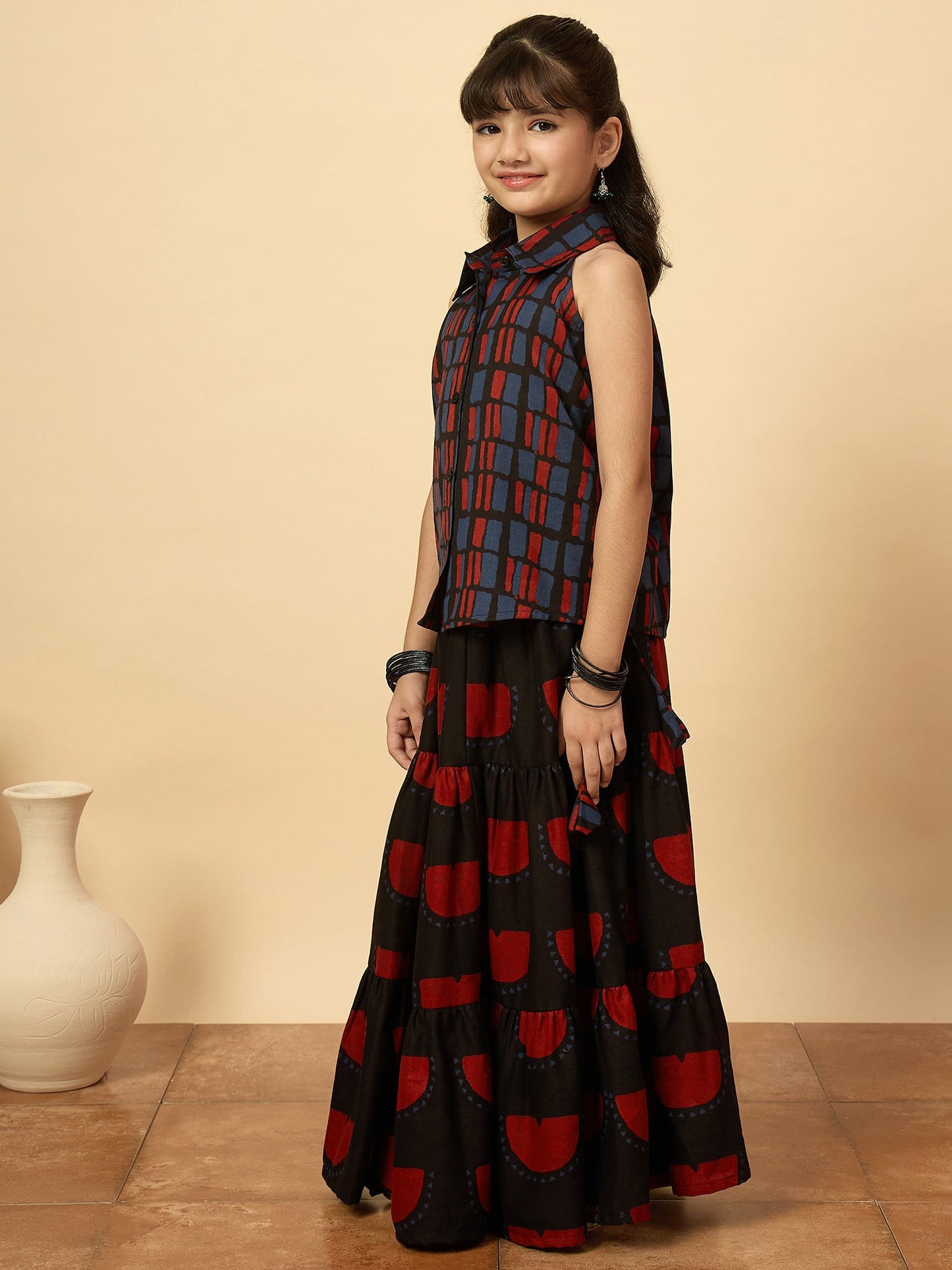 Girls Hip Length All over Print Lehenga Choli - Black