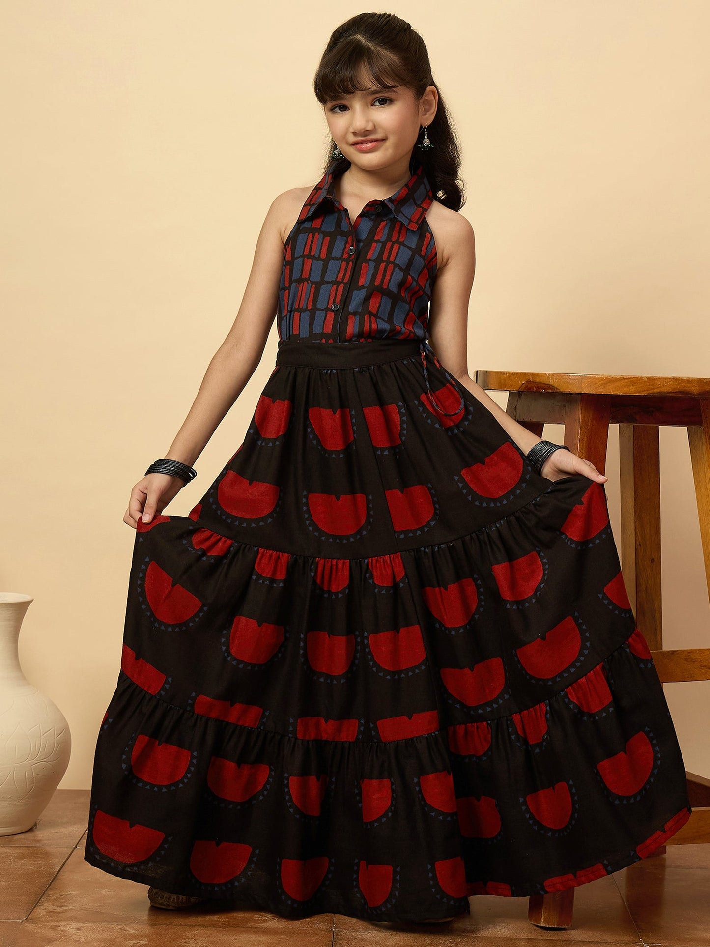 Girls Hip Length All over Print Lehenga Choli - Black