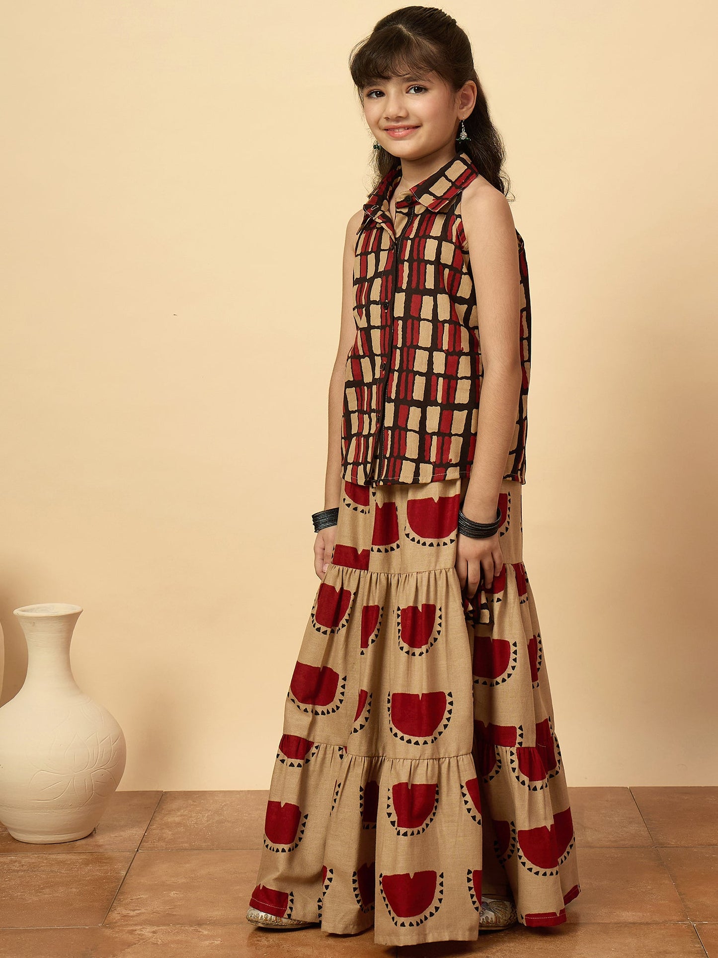 Girls Hip Length All over Print Lehenga Choli - Red