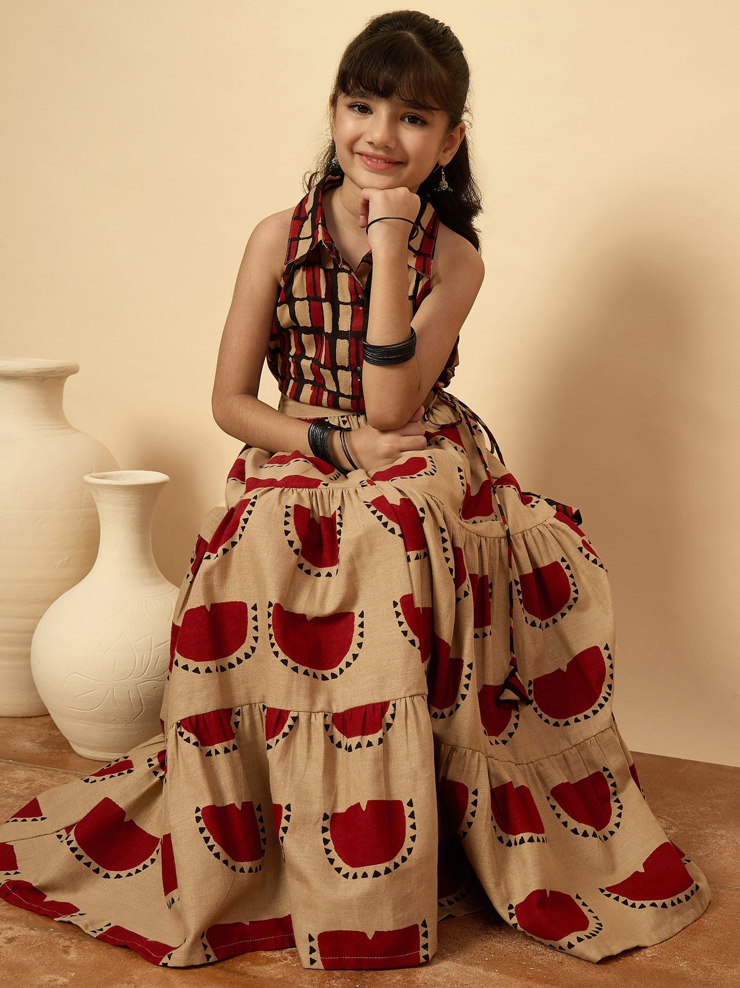 Girls Hip Length All over Print Lehenga Choli - Red