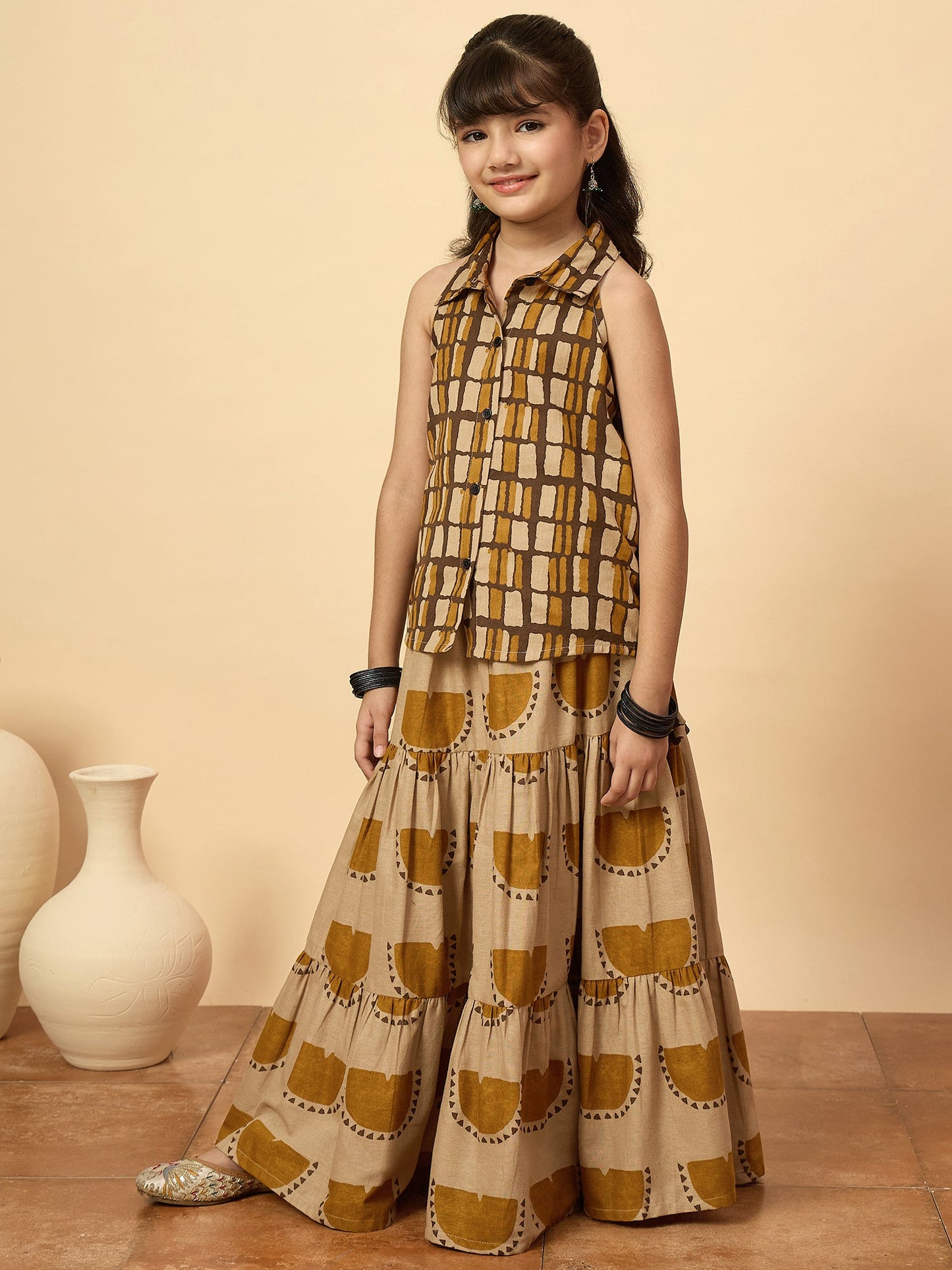 Girls Hip Length All over Print Lehenga Choli - Yellow