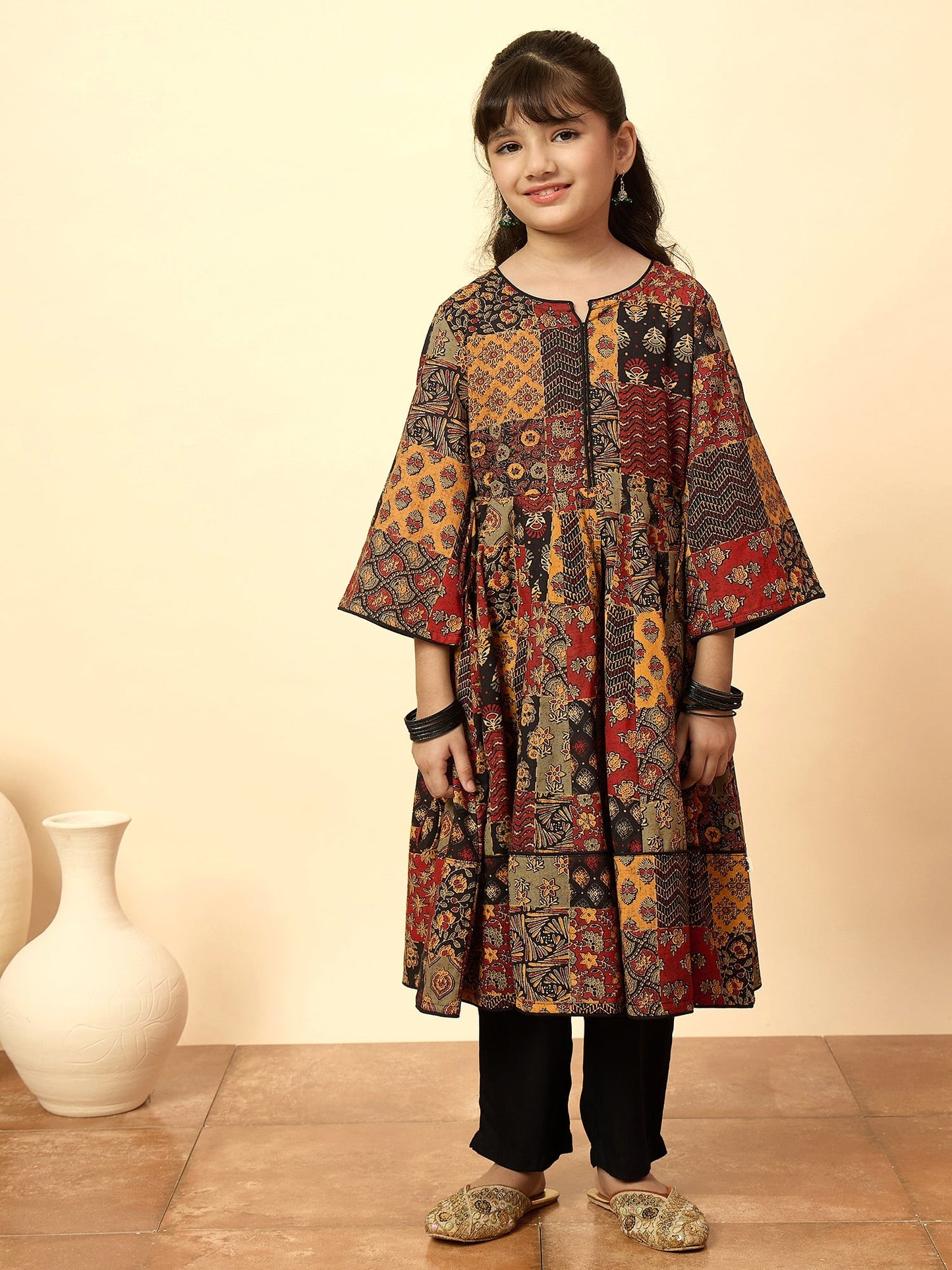 Girls Below Knee All over Print Kurti Set - Multi