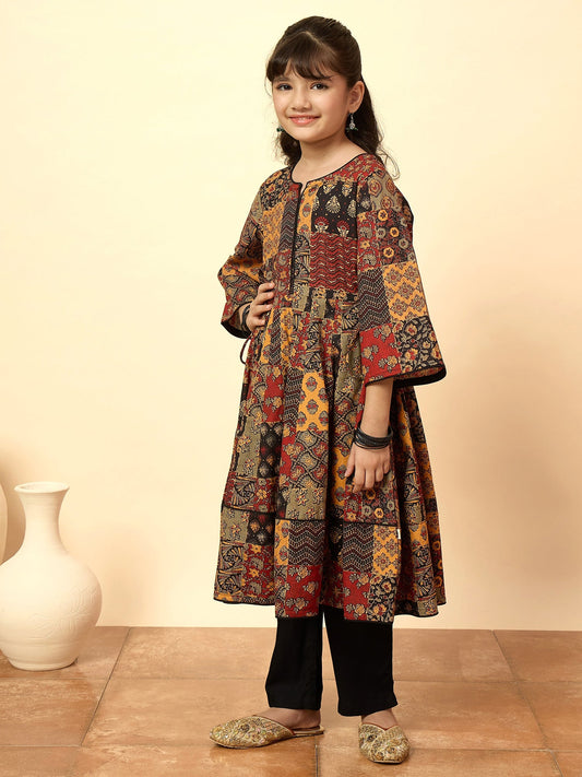 Girls Below Knee All over Print Kurti Set - Multi