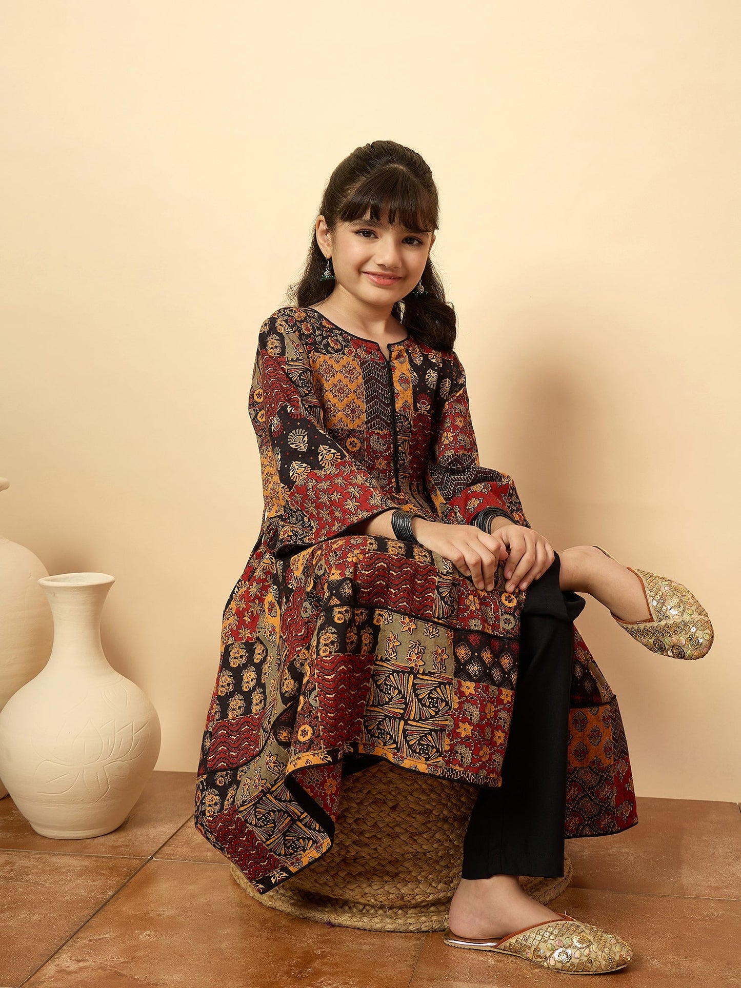 Girls Below Knee All over Print Kurti Set - Multi