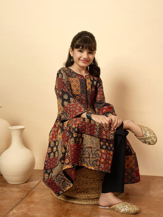 Girls Below Knee All over Print Kurti Set - Multi