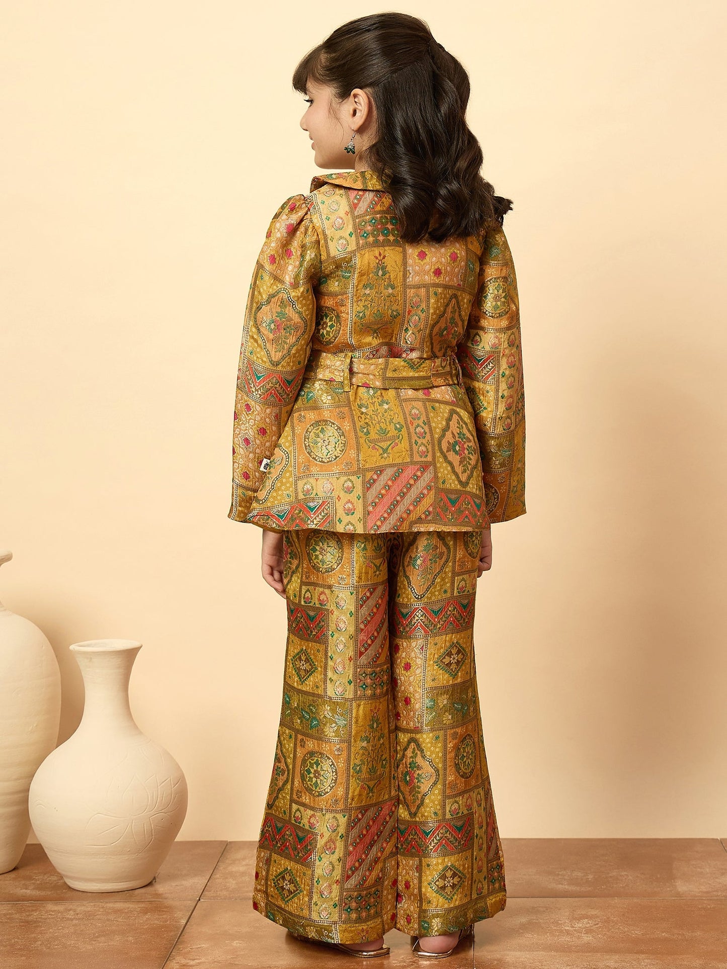 Girls Hip Length All over Print Kurti Set - Yellow