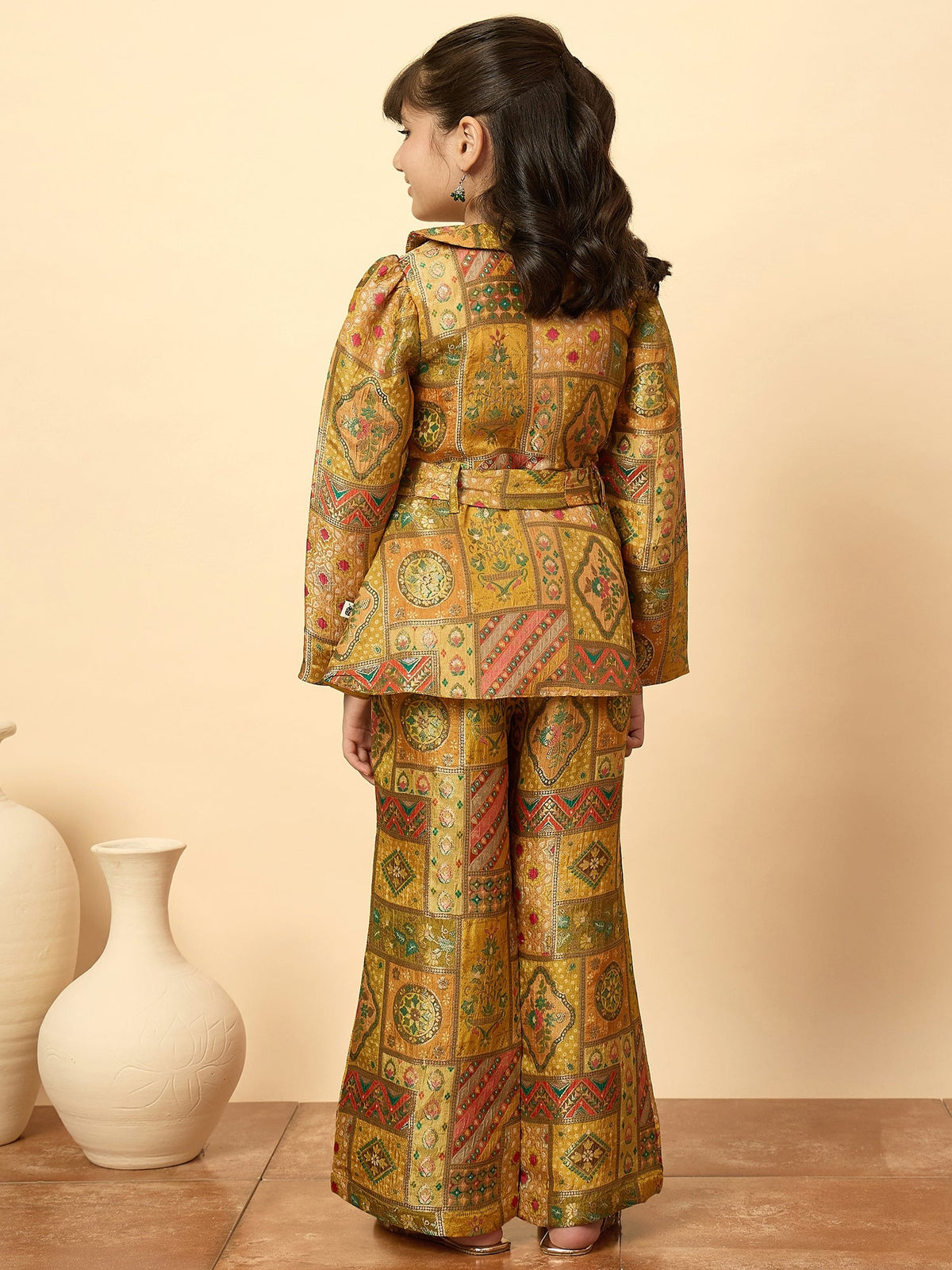 Girls Hip Length All over Print Kurti Set - Yellow