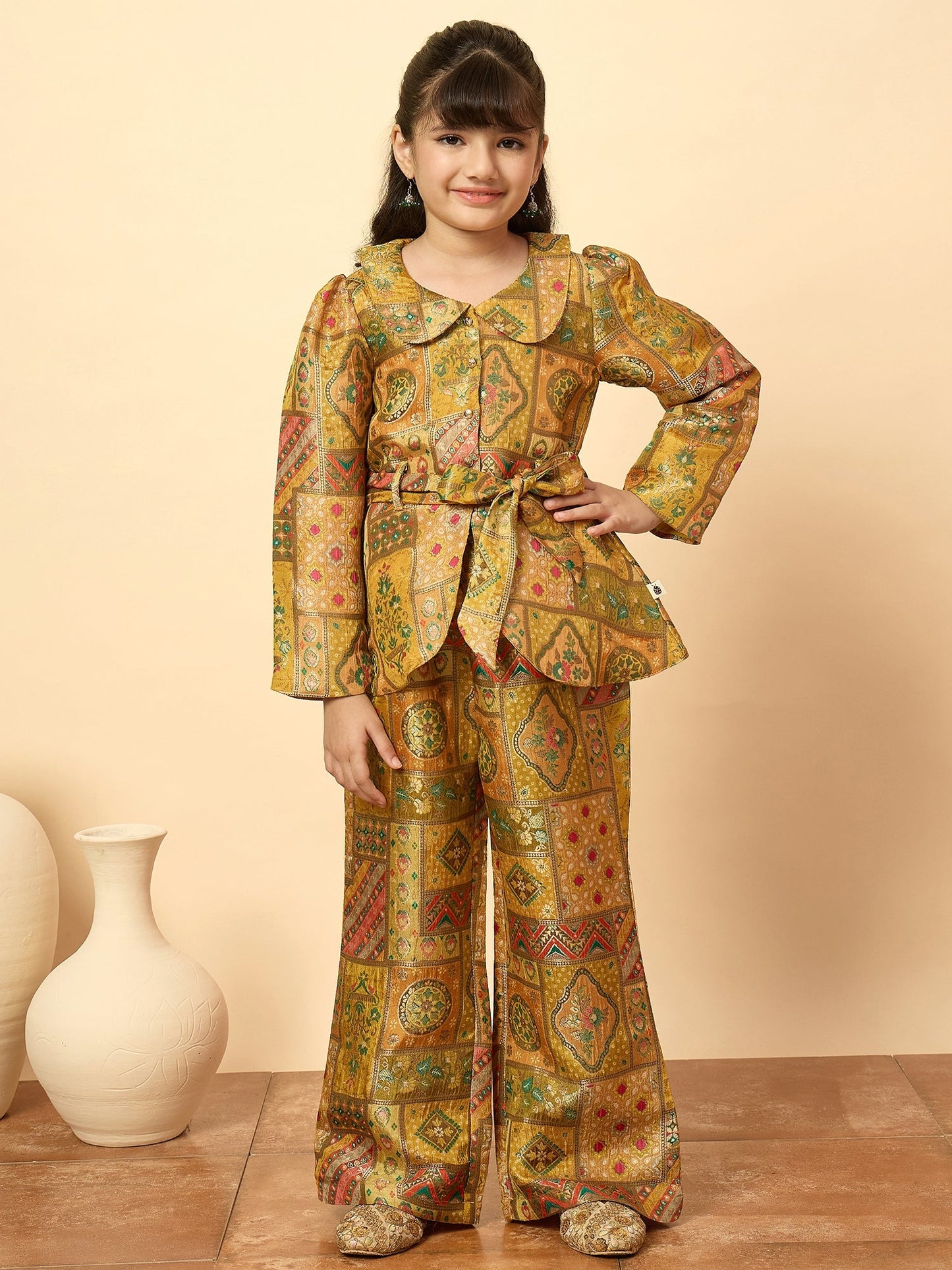 Girls Hip Length All over Print Kurti Set - Yellow