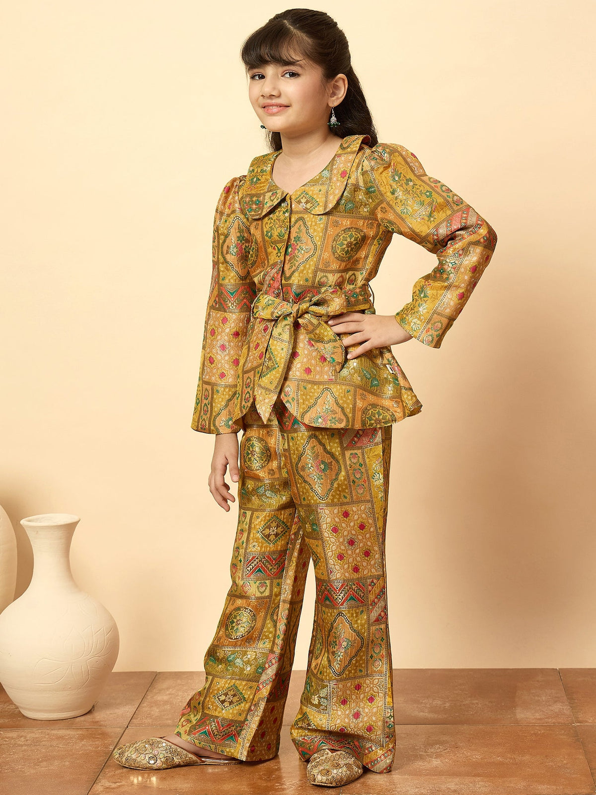 Girls Hip Length All over Print Kurti Set - Yellow
