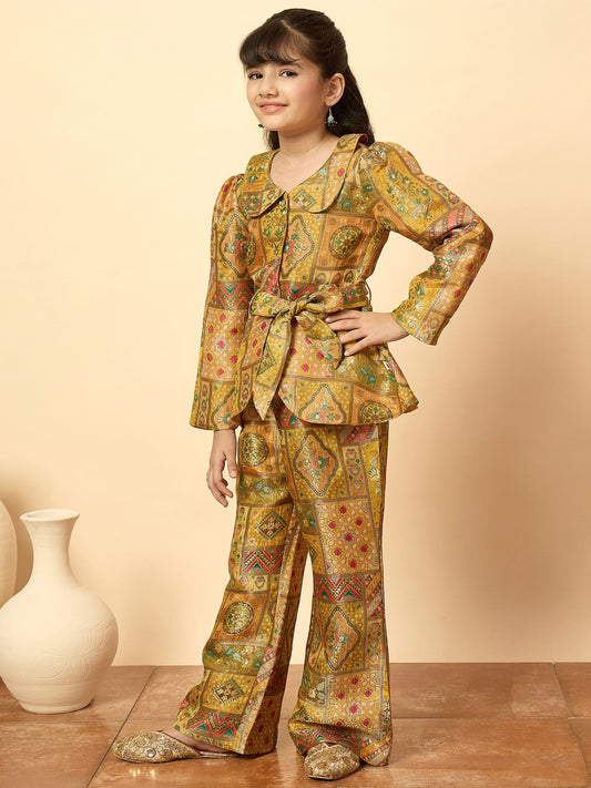Girls Hip Length All over Print Kurti Set - Yellow