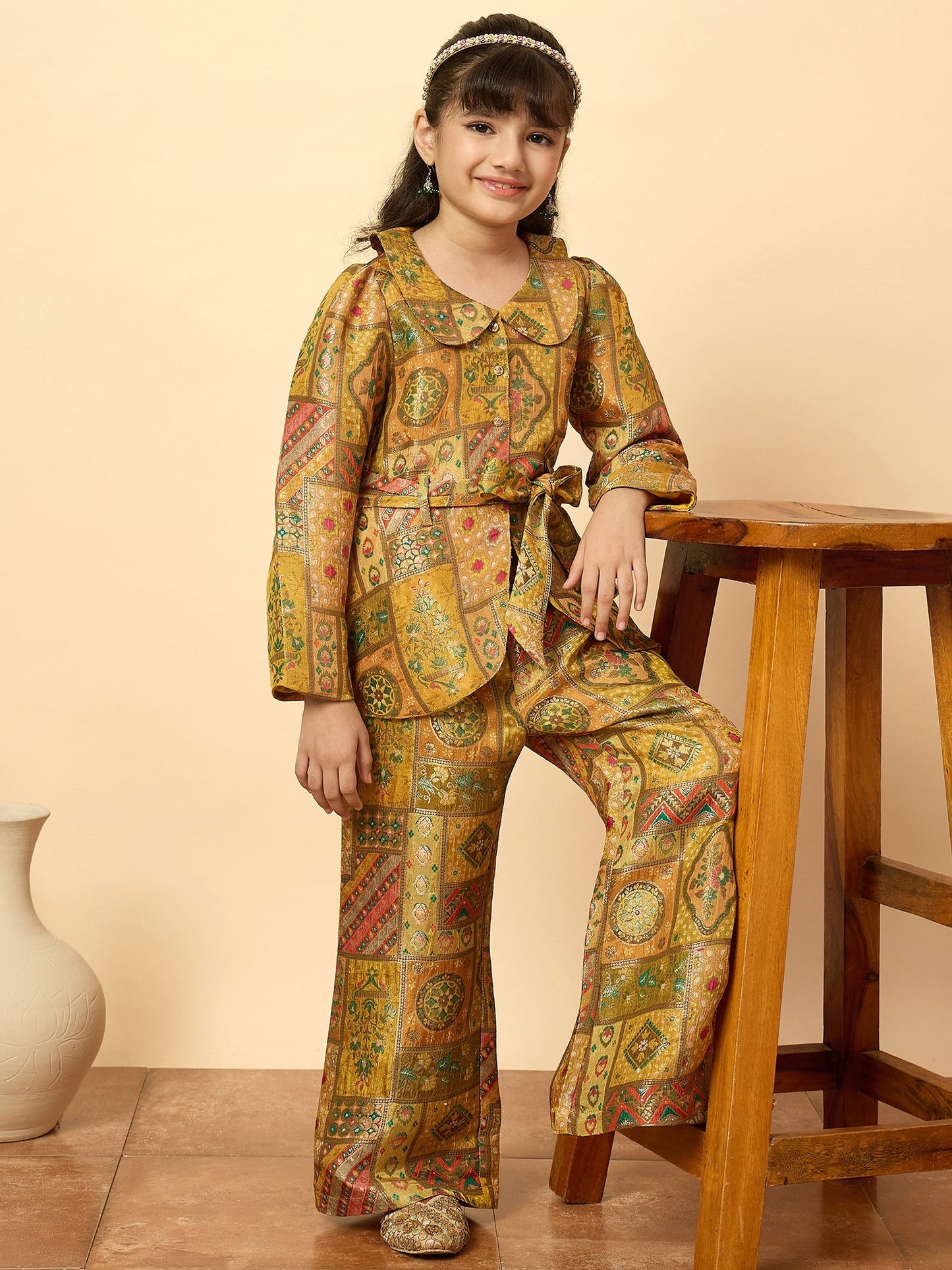 Girls Hip Length All over Print Kurti Set - Yellow