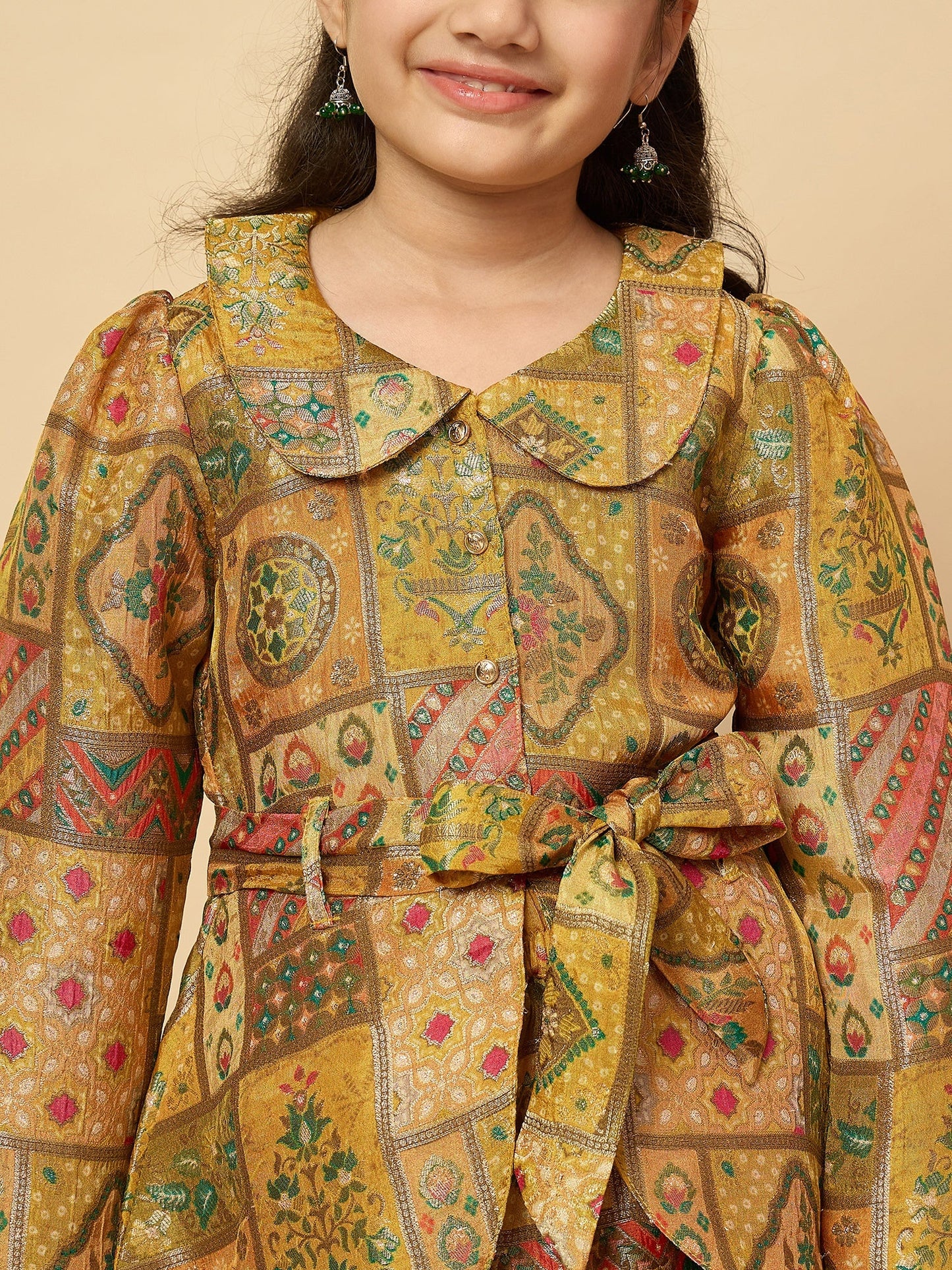 Girls Hip Length All over Print Kurti Set - Yellow