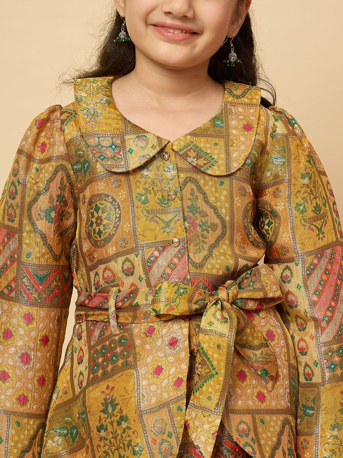 Girls Hip Length All over Print Kurti Set - Yellow