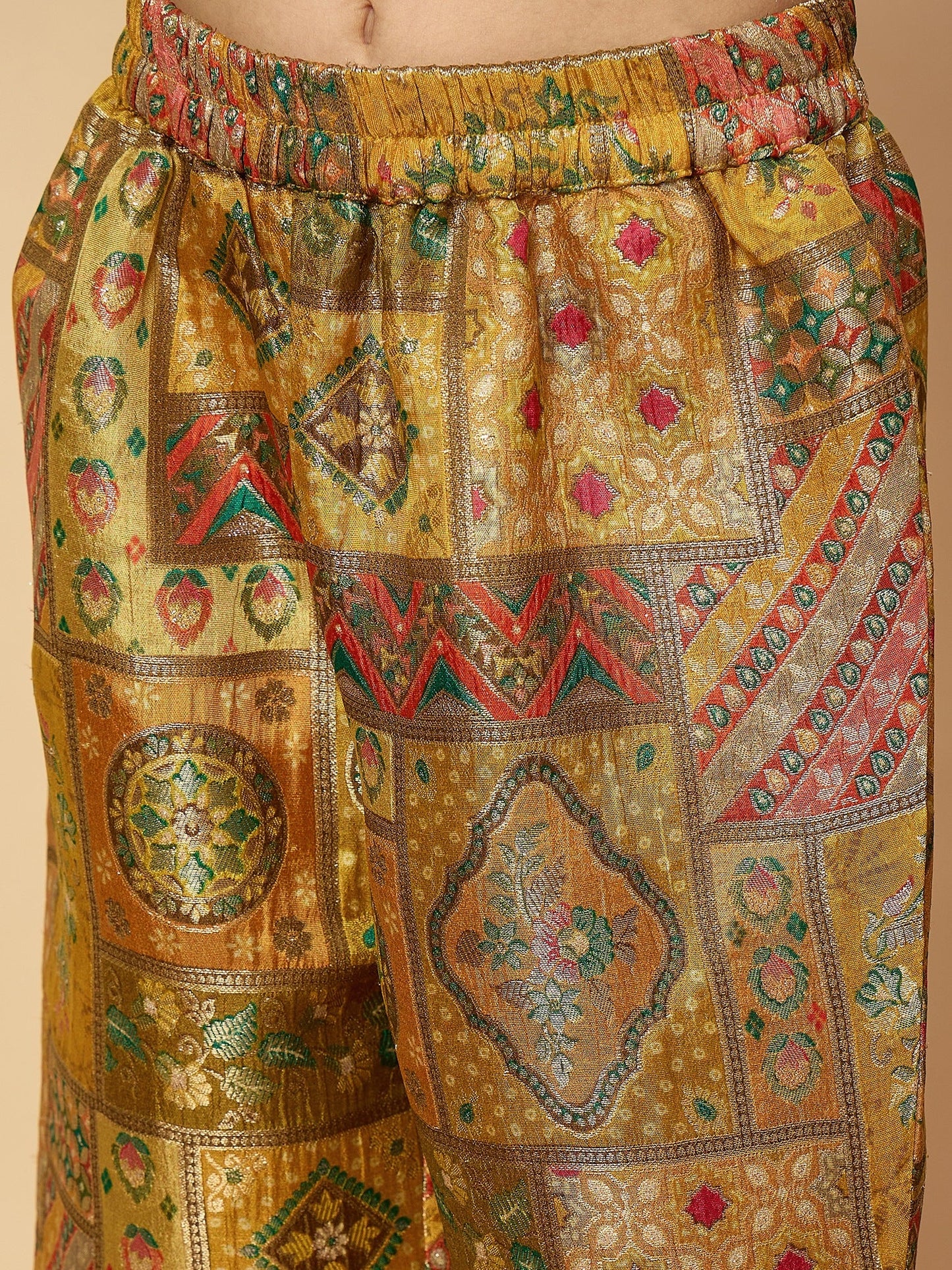 Girls Hip Length All over Print Kurti Set - Yellow