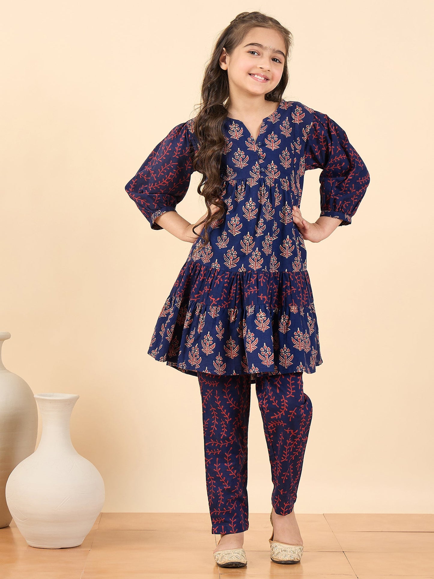Girls Above Knee All over Print Kurti Set - Blue