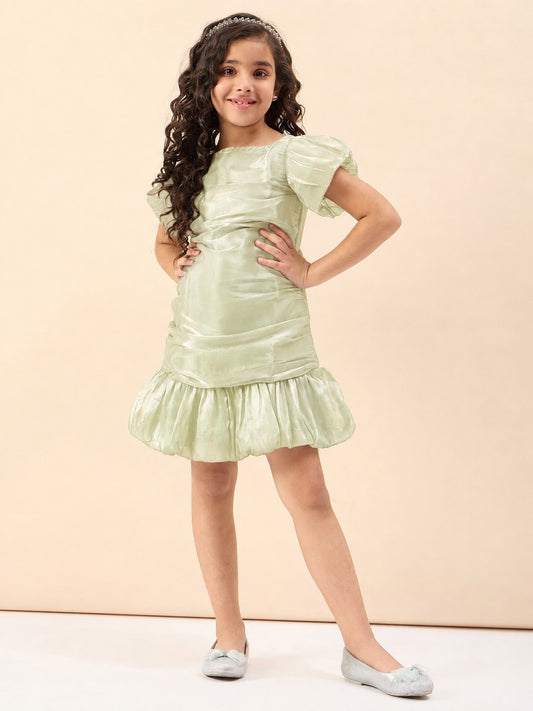 Girls Knee Length Solid Dress - Green
