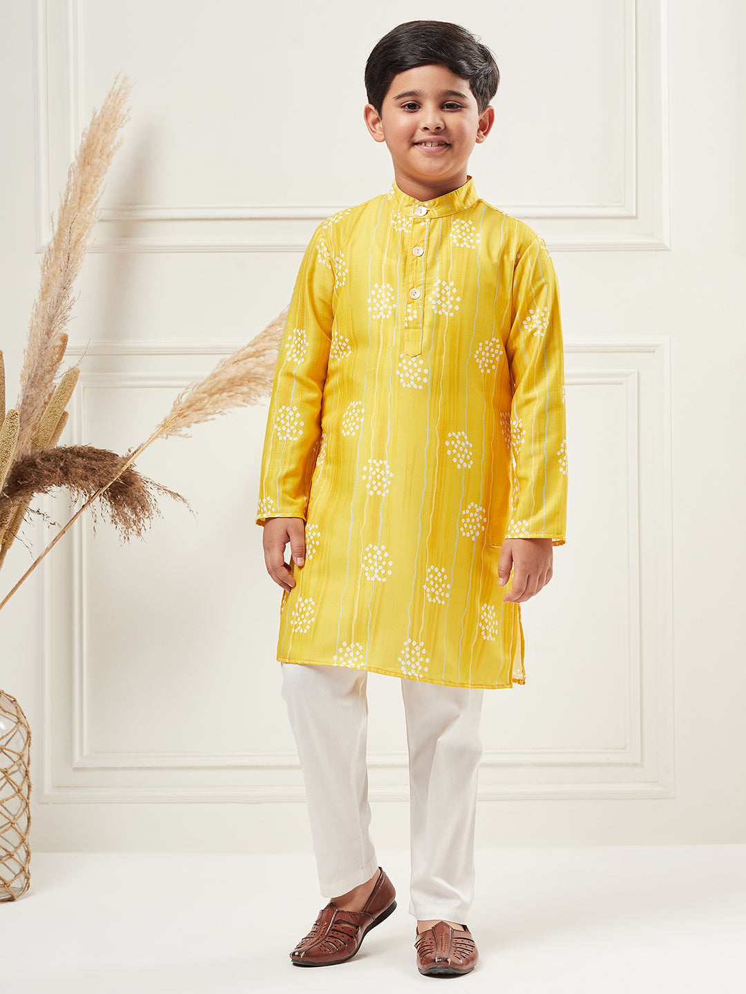 Boys Yellow Printed Polyester Kurta Set