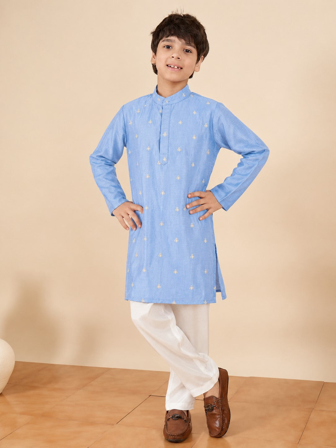 Boys Above Knee Embroidery Kurta Set - Blue