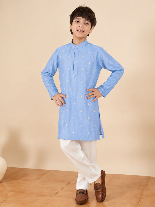 Boys Above Knee Embroidery Kurta Set - Blue