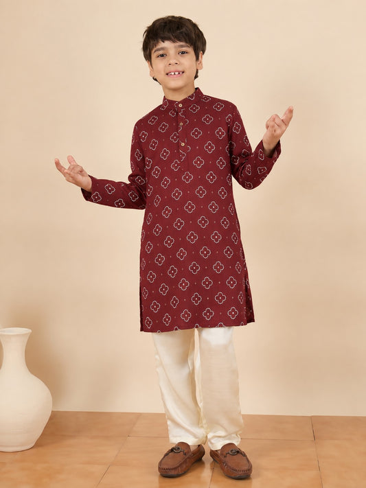 Boys Above Knee All over Print Kurta Set - Maroon