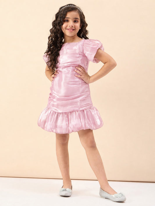 Girls Knee Length Solid Dress - Pink