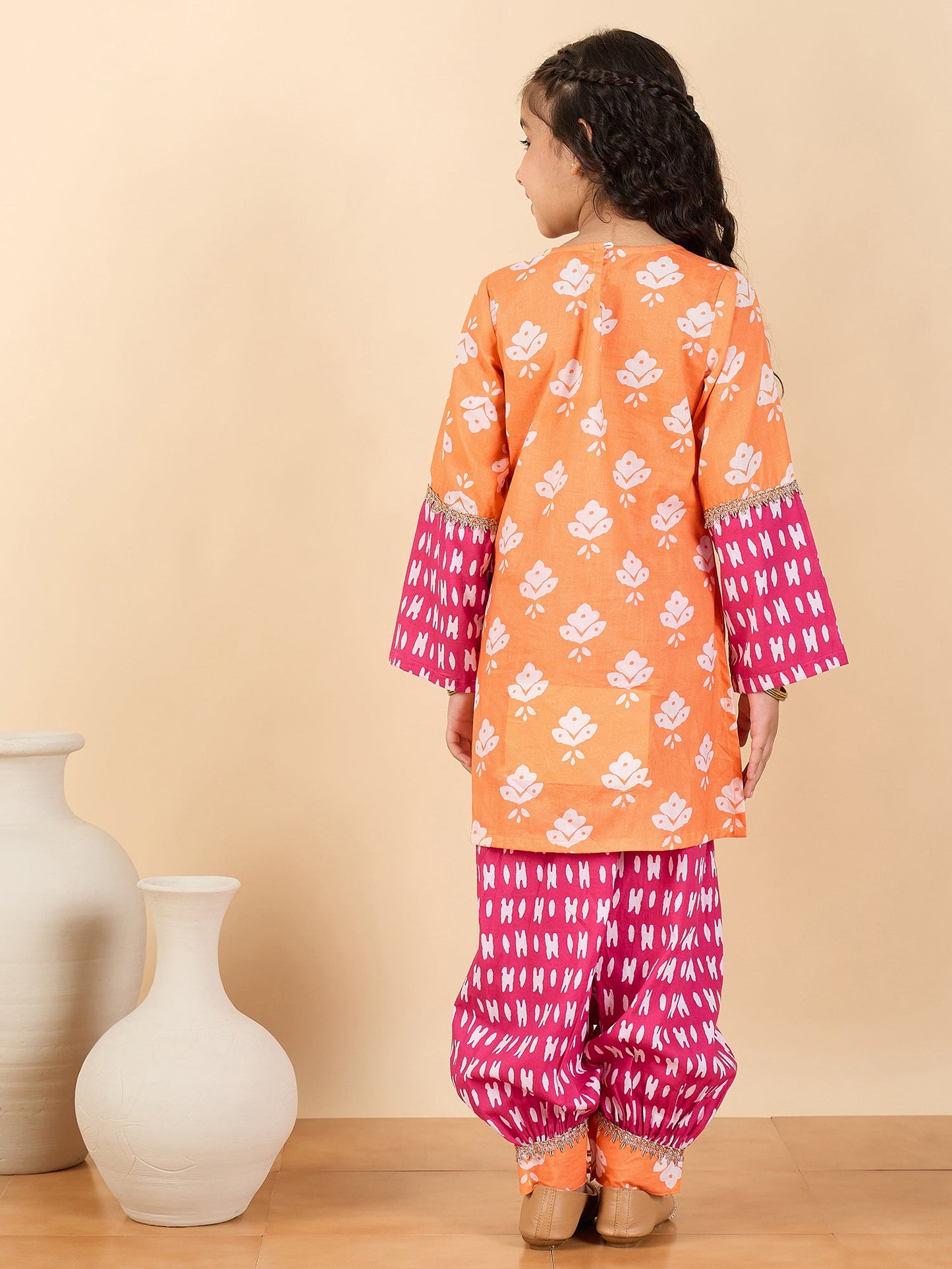 Girls Full Length All over Print Kurti Set - Magenta