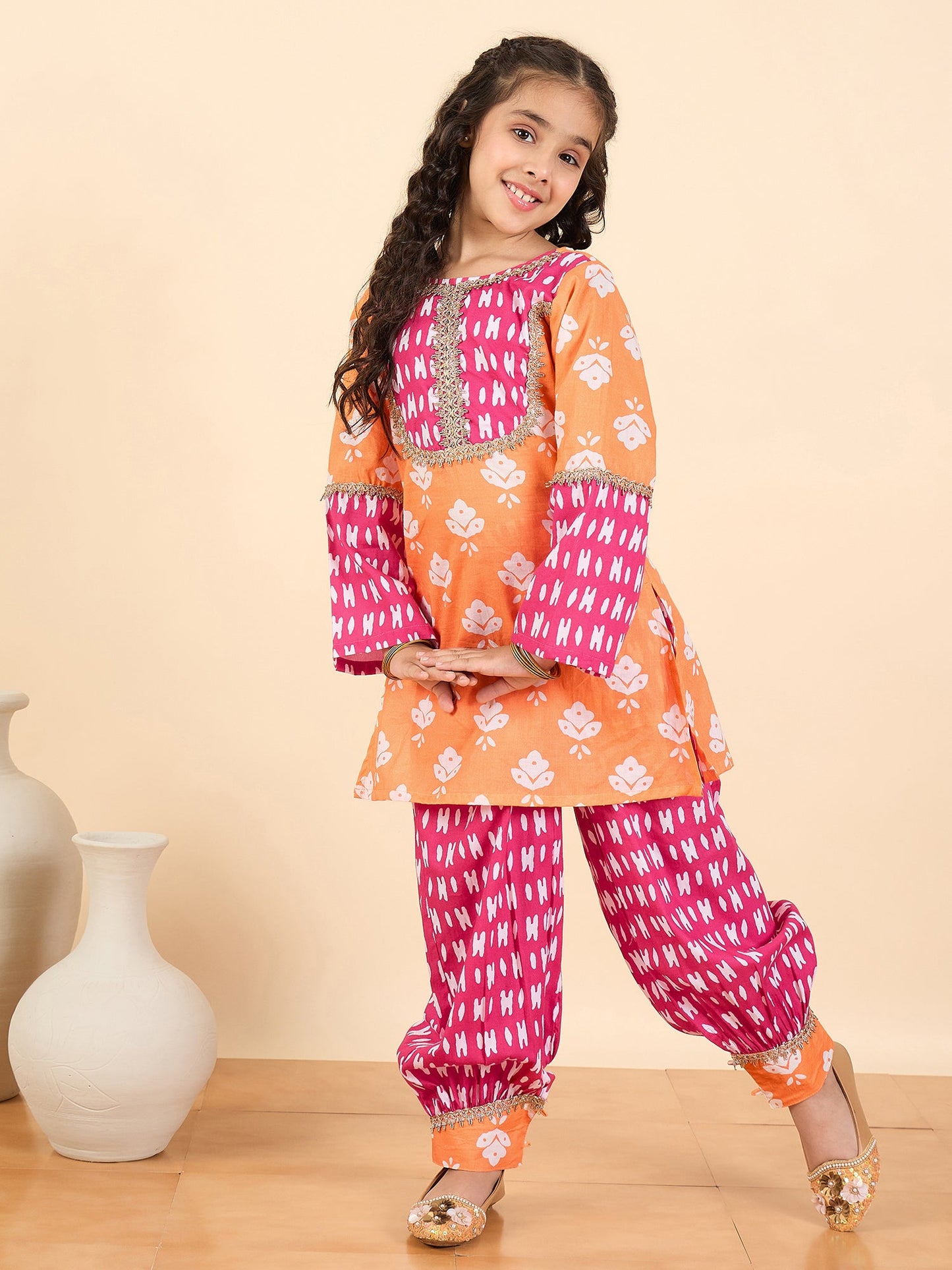 Girls Full Length All over Print Kurti Set - Magenta