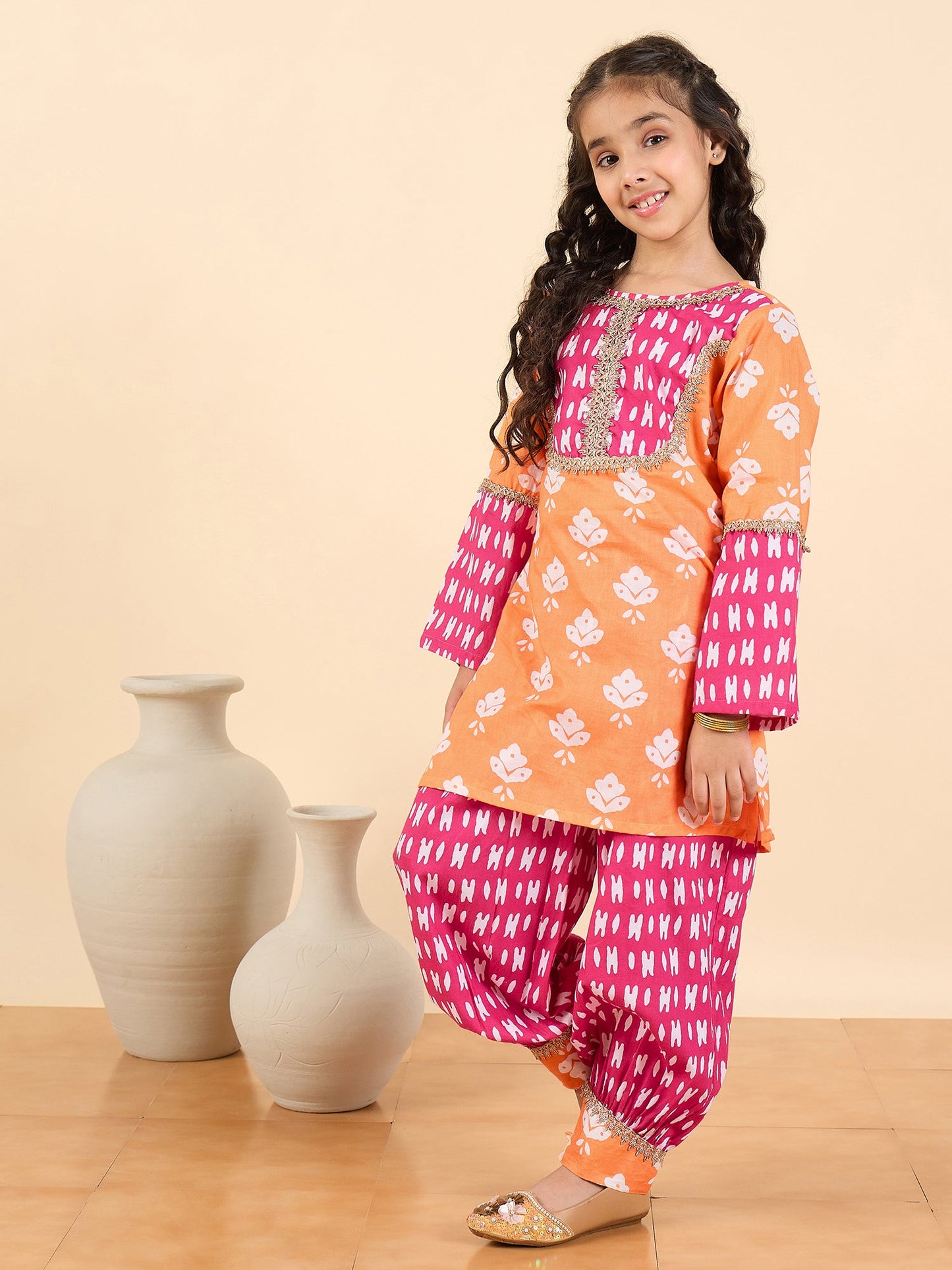 Girls Full Length All over Print Kurti Set - Magenta