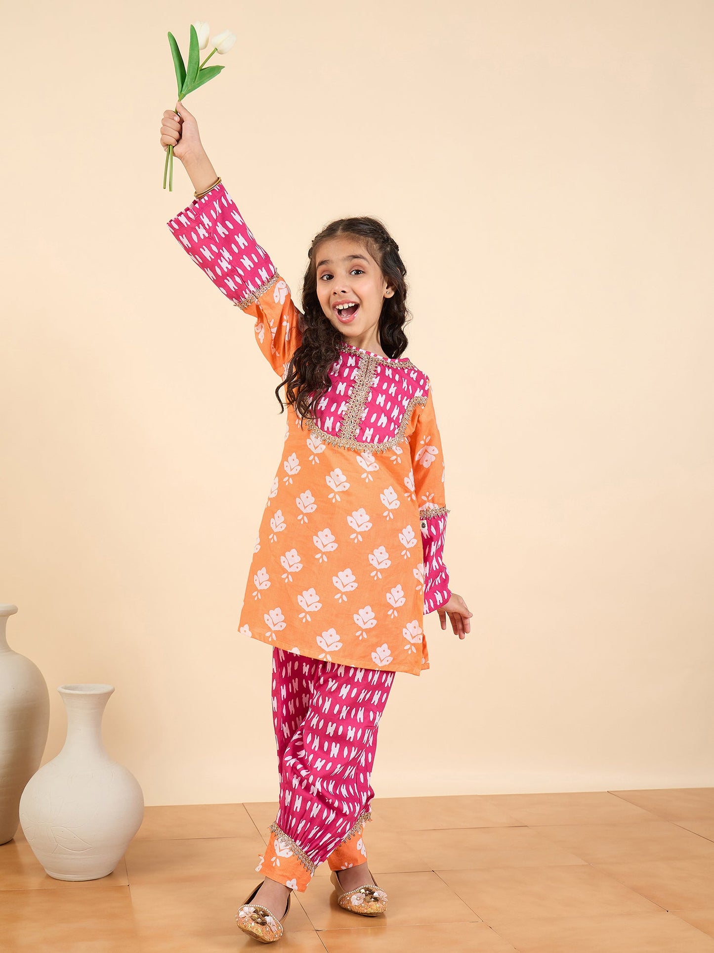 Girls Full Length All over Print Kurti Set - Magenta