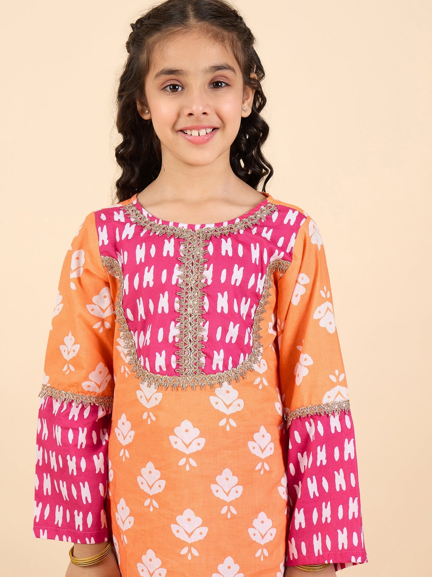 Girls Full Length All over Print Kurti Set - Magenta