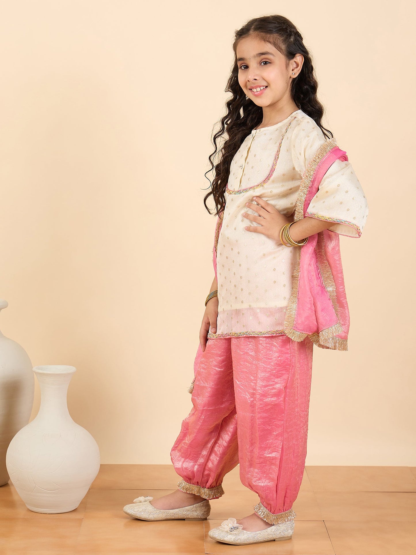 Girls Above Knee Embroidery Kurti Set - Off-White