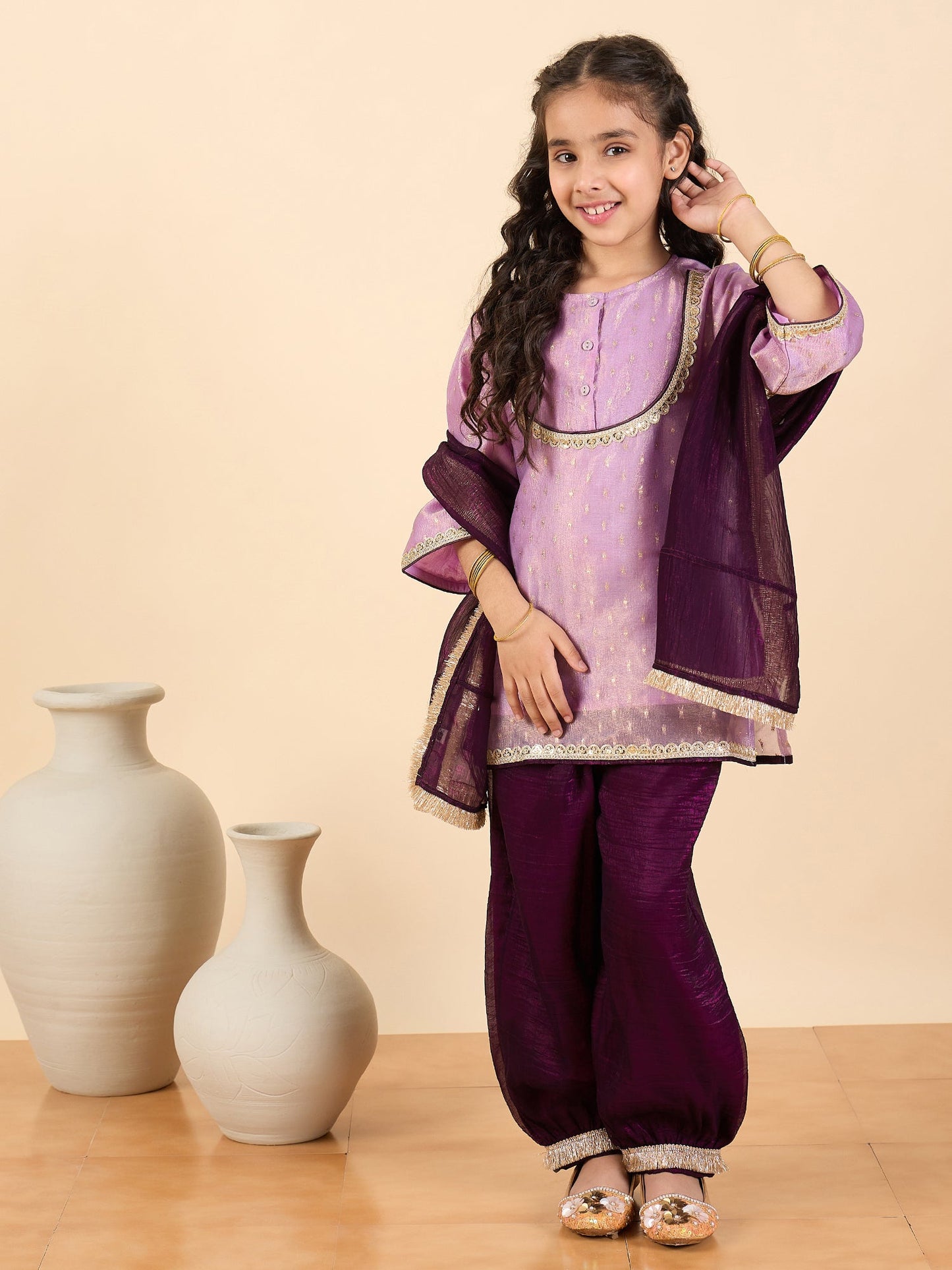 Girls Above Knee Embroidery Kurti Set - Lavender