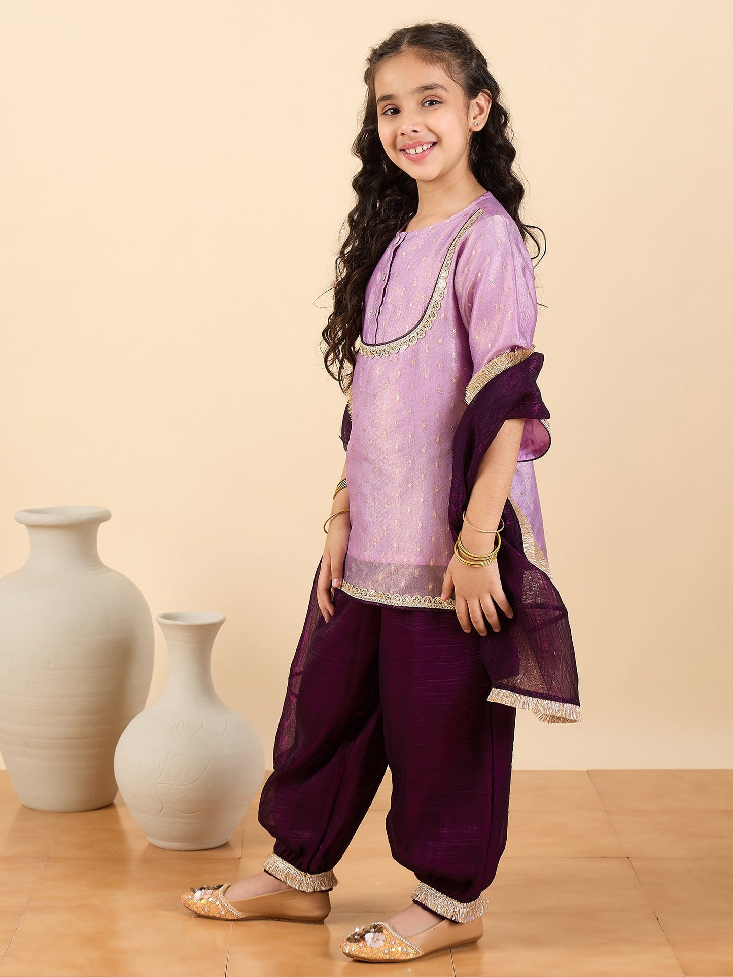 Girls Above Knee Embroidery Kurti Set - Lavender