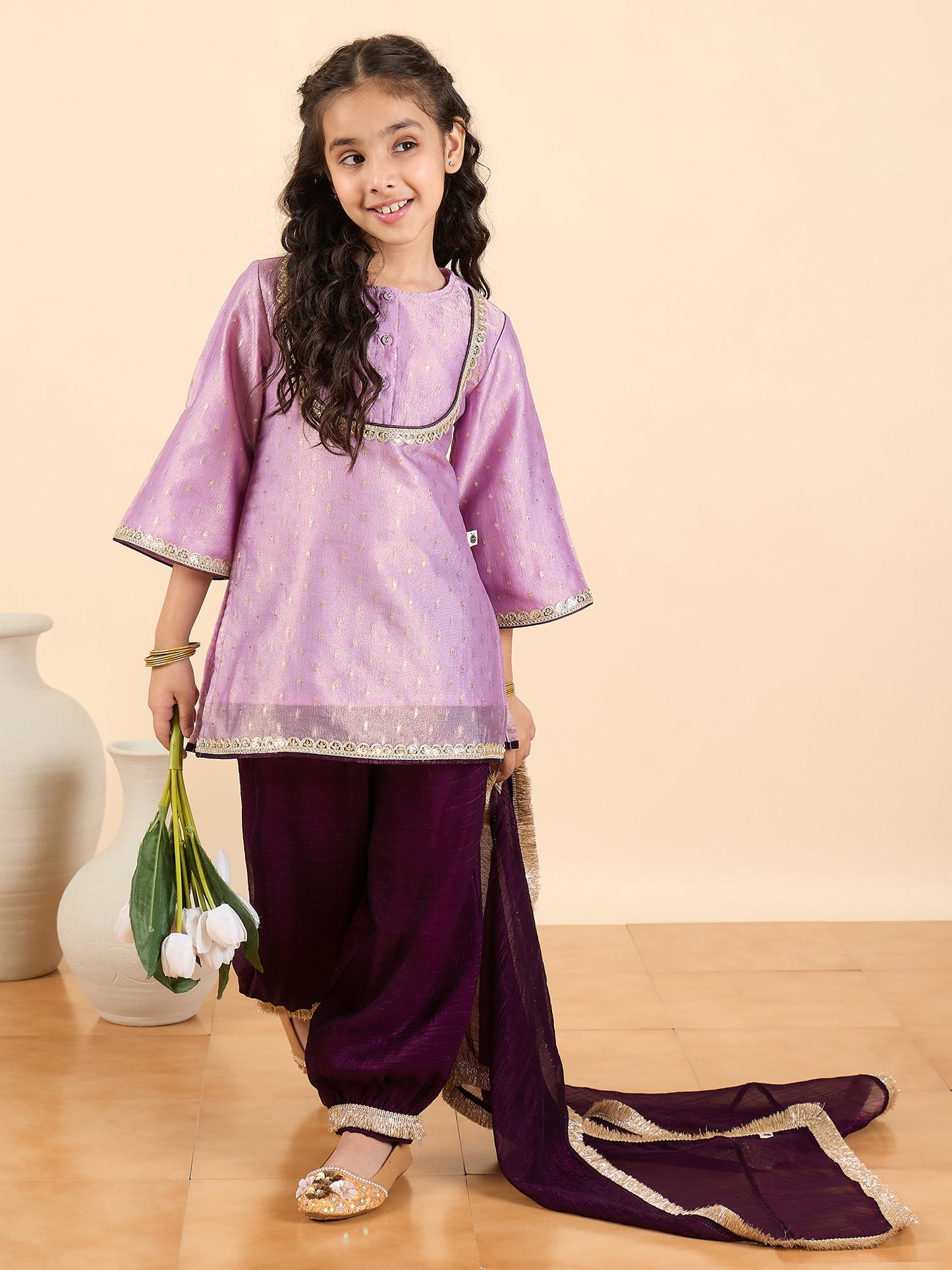 Girls Above Knee Embroidery Kurti Set - Lavender