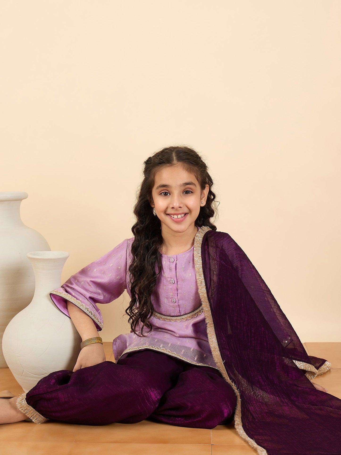 Girls Above Knee Embroidery Kurti Set - Lavender