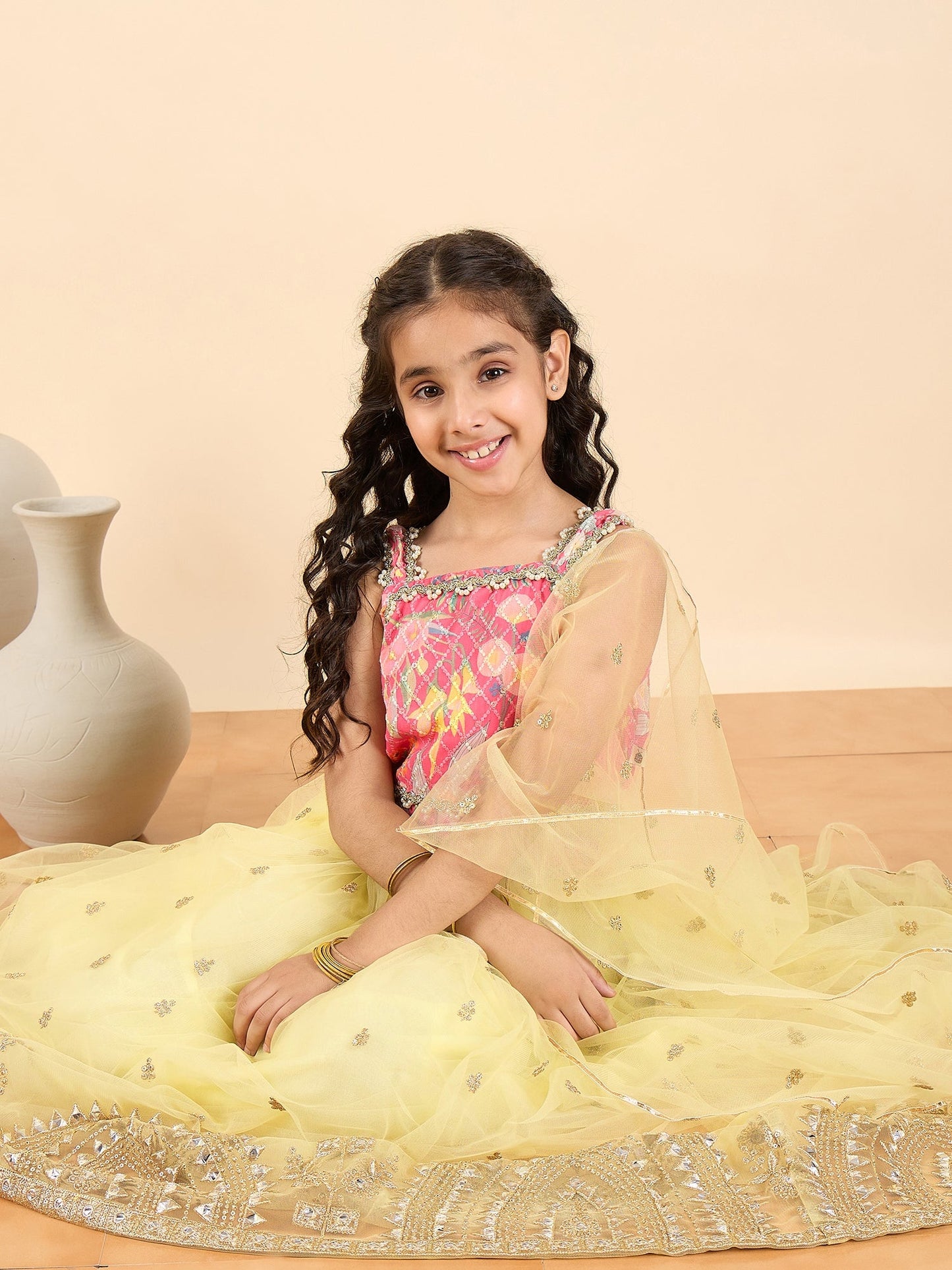 Girls Waist Length Embroidery Lehenga Choli - Yellow