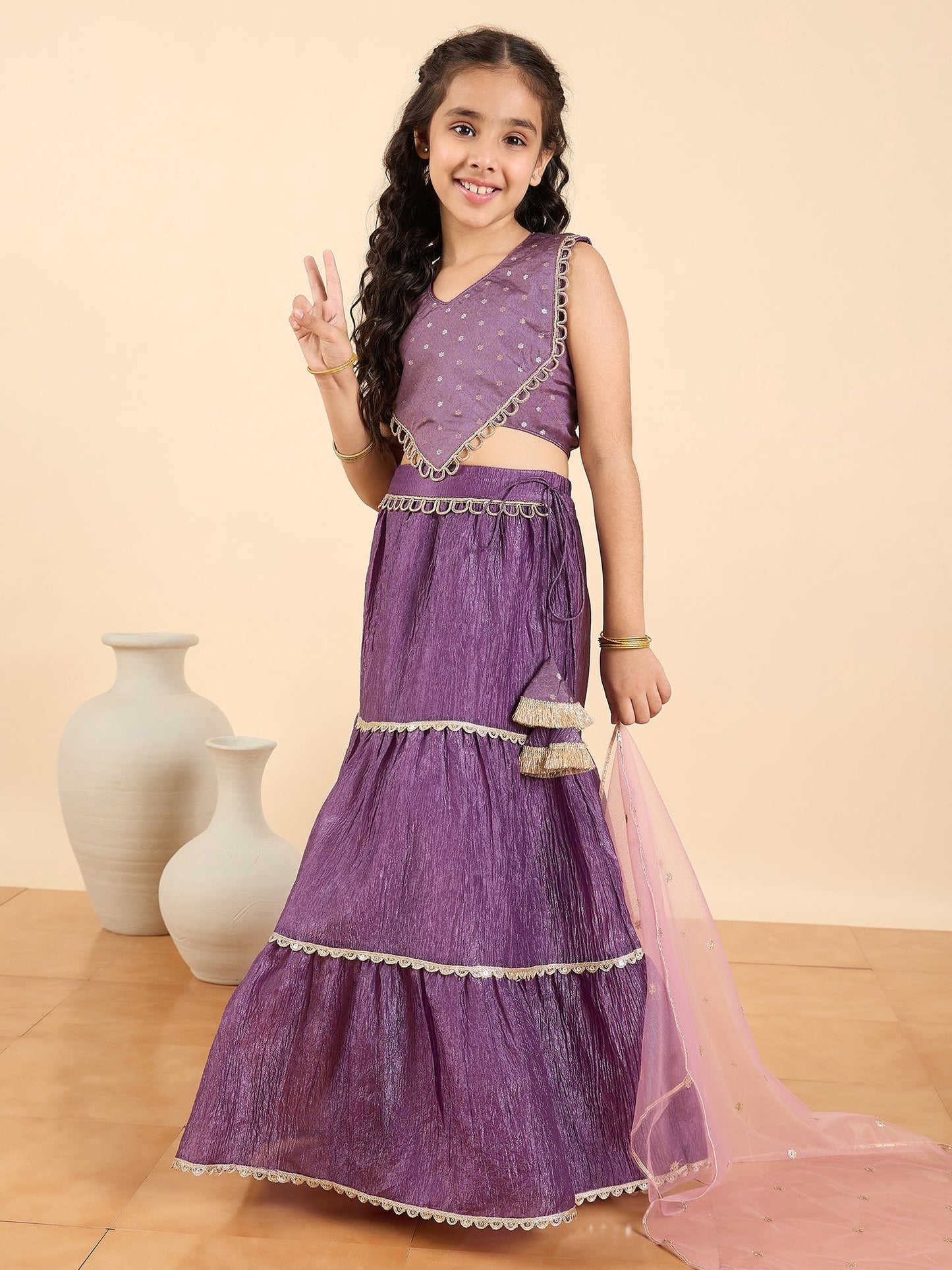 Girls Waist Length Embroidery Lehenga Choli - Purple