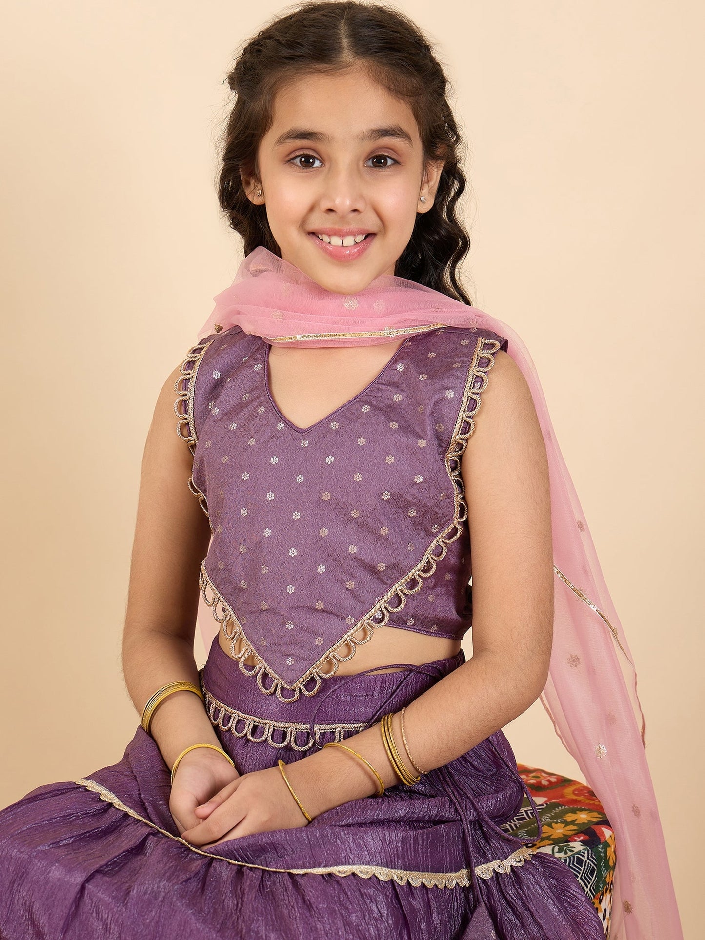 Girls Waist Length Embroidery Lehenga Choli - Purple