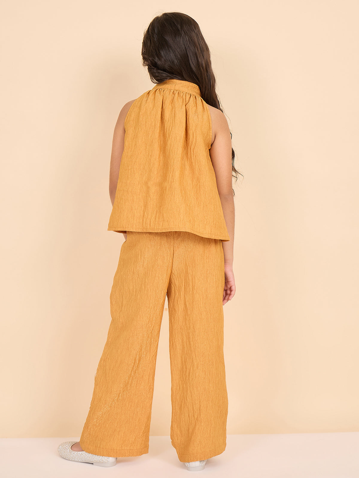 Girls Hip Length Embroidery Top With Pants - Mustard